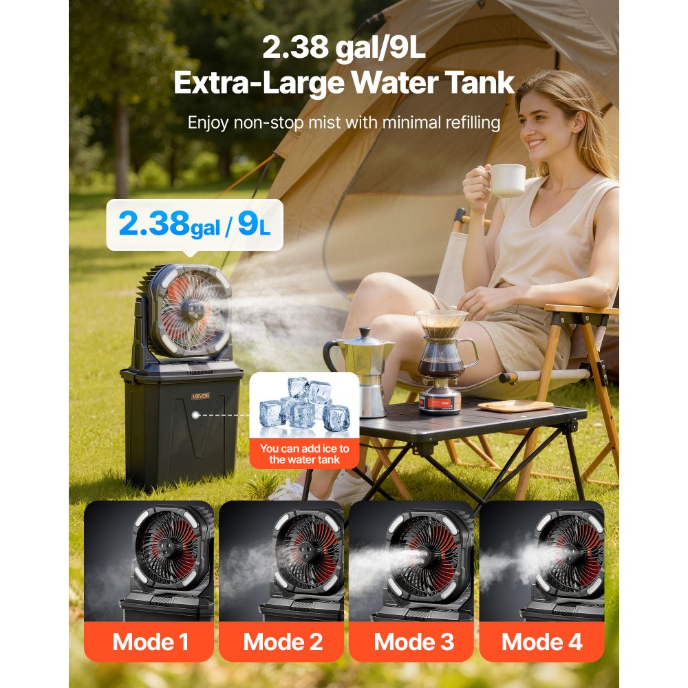 Wentylator kempingowy VEVOR, silnik 2700 obr./min, wentylator zraszający, wentylator zraszający ze zbiornikiem na wodę 9 l, akumulator 10000 mAh, 4 prędkości wiatru i 5 trybów oświetlenia, przenośny wentylator stojący na kemping, wędkowanie i podróże
