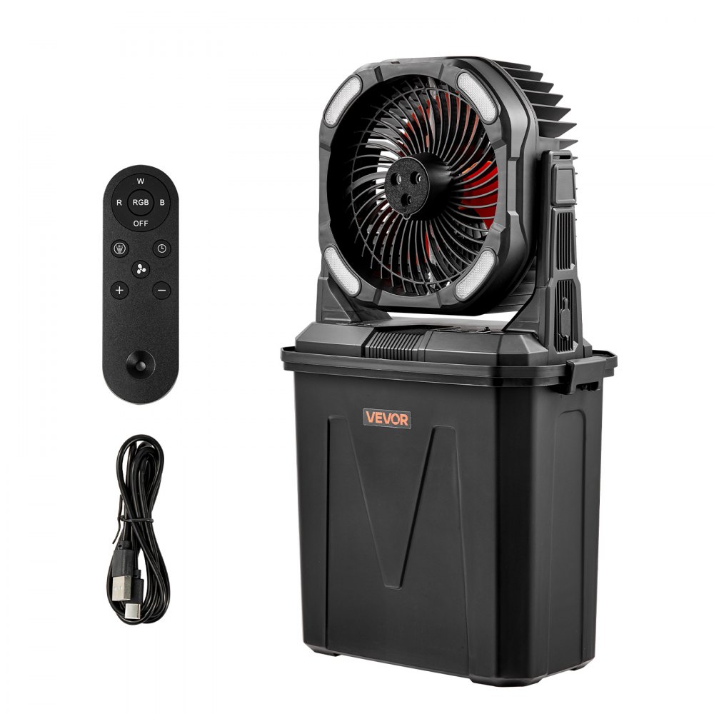 Wentylator kempingowy VEVOR, silnik 2700 obr./min, wentylator zraszający, wentylator zraszający ze zbiornikiem na wodę 9 l, akumulator 10000 mAh, 4 prędkości wiatru i 5 trybów oświetlenia, przenośny wentylator stojący na kemping, wędkowanie i podróże