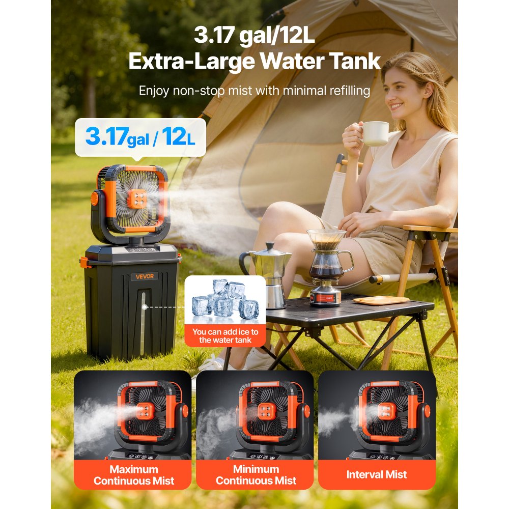 VEVOR Bezprzewodowy wentylator kempingowy, silnik 2400 obr./min, zewnętrzny wentylator zraszający ze zbiornikiem na wodę o pojemności 12 l, akumulator 20000 mAh, 4 prędkości i 3 tryby oświetlenia, chłodzony wodą wentylator zraszający do kempingu, wędkowania i podróży