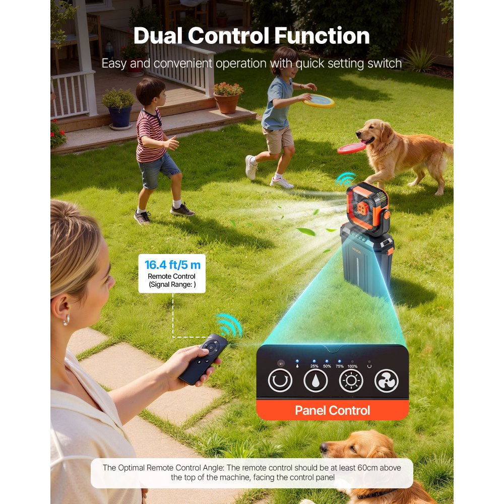 VEVOR Bezprzewodowy wentylator kempingowy, silnik 2400 obr./min, zewnętrzny wentylator zraszający ze zbiornikiem na wodę o pojemności 12 l, akumulator 20000 mAh, 4 prędkości i 3 tryby oświetlenia, chłodzony wodą wentylator zraszający do kempingu, wędkowania i podróży