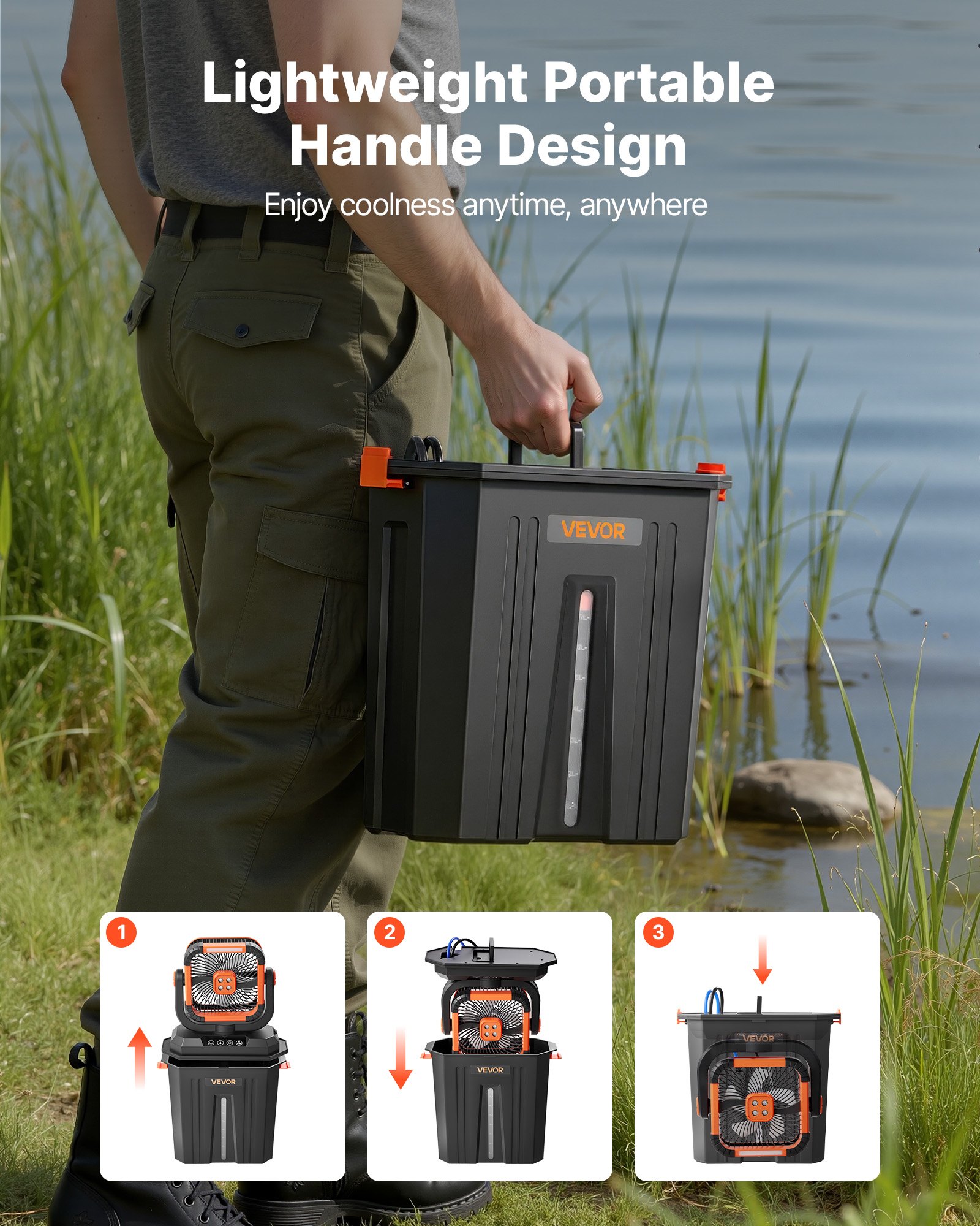 VEVOR Bezprzewodowy wentylator kempingowy, silnik 2400 obr./min, zewnętrzny wentylator zraszający ze zbiornikiem na wodę o pojemności 12 l, akumulator 20000 mAh, 4 prędkości i 3 tryby oświetlenia, chłodzony wodą wentylator zraszający do kempingu, wędkowania i podróży