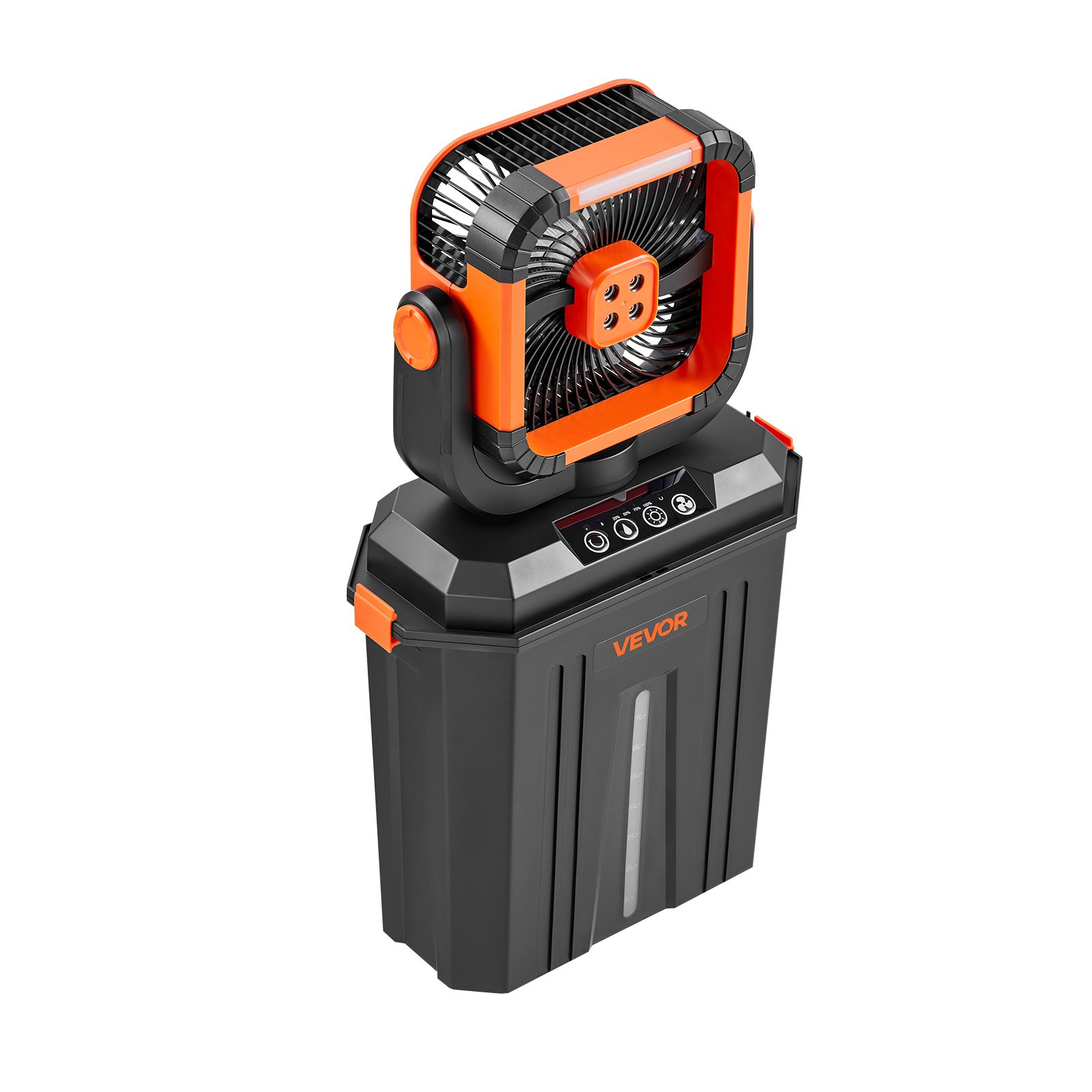 VEVOR Bezprzewodowy wentylator kempingowy, silnik 2400 obr./min, zewnętrzny wentylator zraszający ze zbiornikiem na wodę o pojemności 12 l, akumulator 20000 mAh, 4 prędkości i 3 tryby oświetlenia, chłodzony wodą wentylator zraszający do kempingu, wędkowania i podróży