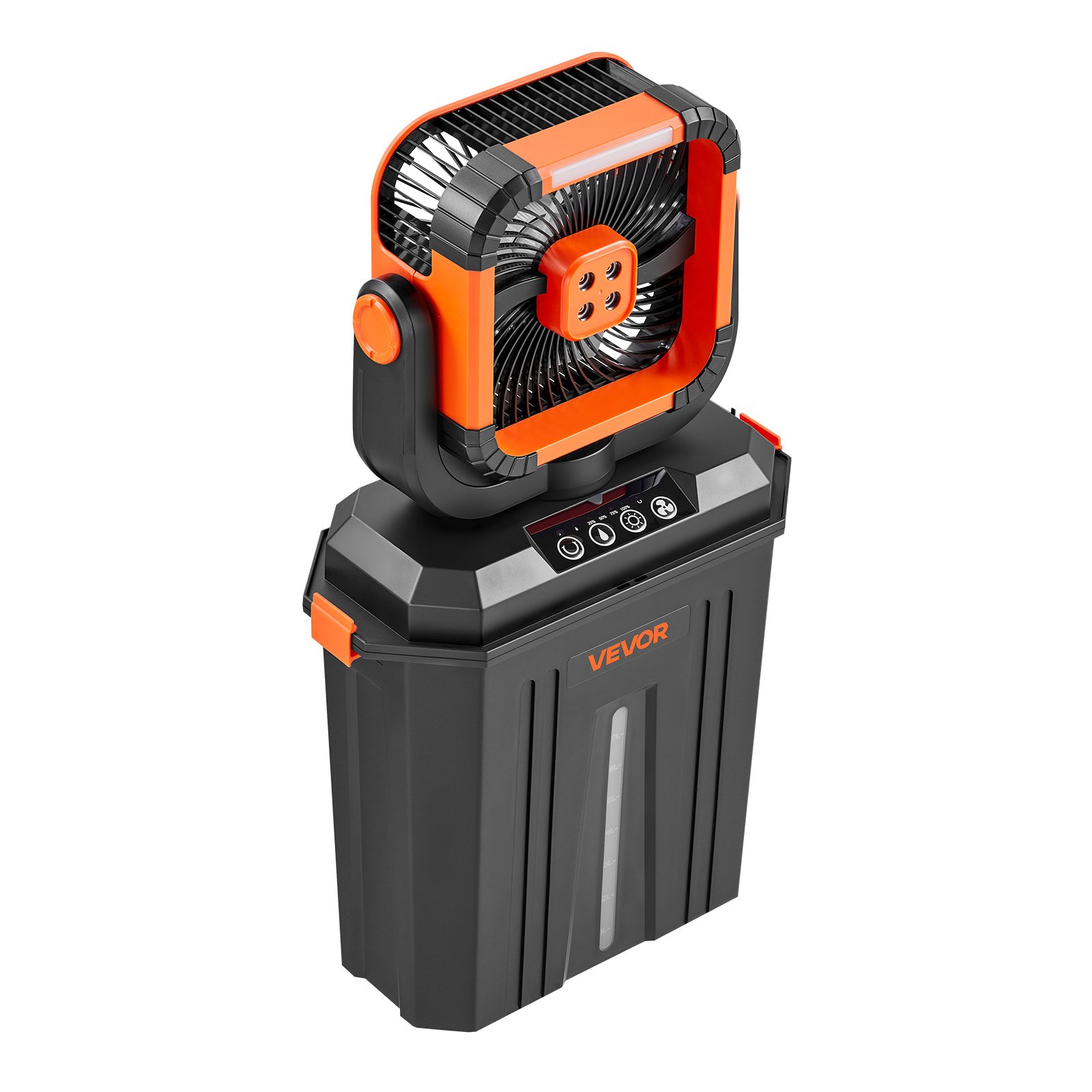 VEVOR Bezprzewodowy wentylator kempingowy, silnik 2400 obr./min, zewnętrzny wentylator zraszający ze zbiornikiem na wodę o pojemności 12 l, akumulator 20000 mAh, 4 prędkości i 3 tryby oświetlenia, chłodzony wodą wentylator zraszający do kempingu, wędkowania i podróży