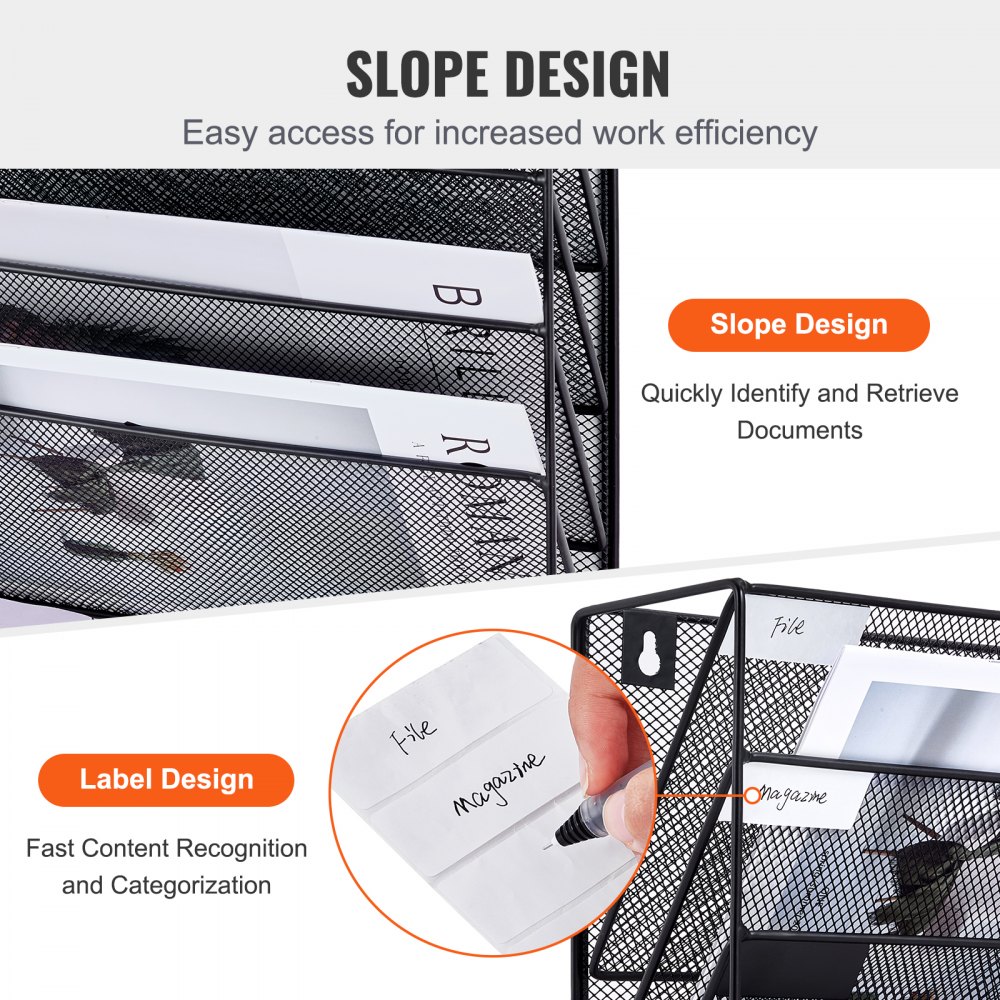 VEVOR Stojak na gazety, ścienny stojak na dokumenty z 6 przegródkami, teczka do przechowywania czasopism, dokumentów papierowych, organizer ścienny na czasopisma, stojak na broszury, do biura i szkoły (czarny)