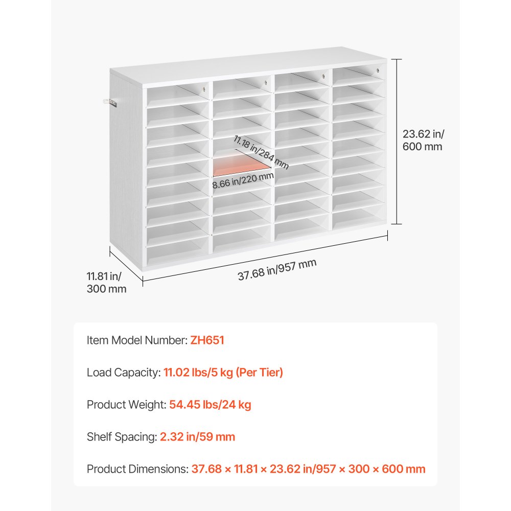 Tacka na dokumenty VEVOR z 36 przegródkami i wyjmowanymi półkami, drewniana tacka na dokumenty, uchwyt na dokumenty do biura, domu lub klasy, organizer na dokumenty, dokumenty i papier, kolor biały
