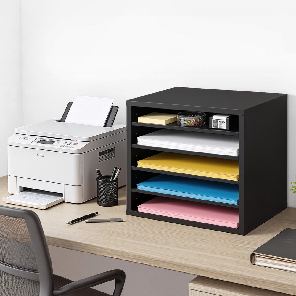 Tacka na dokumenty VEVOR z 5 przegródkami i regulowanymi półkami, drewniana tacka na dokumenty, uchwyt na dokumenty do biura, domu lub klasy, organizer na dokumenty, dokumenty i papiery, kolor czarny