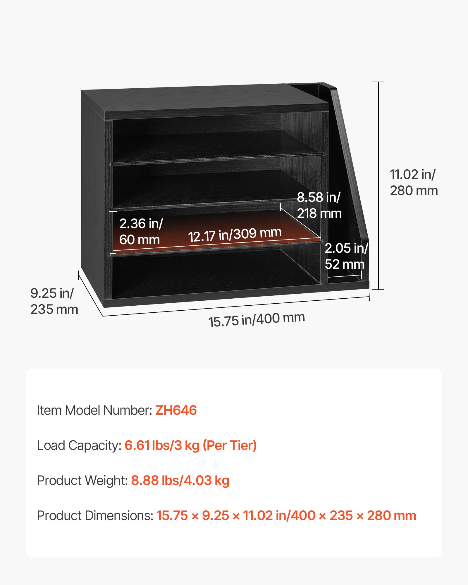 Tacka na dokumenty VEVOR z 4 przegródkami i wyjmowanymi półkami, drewniana tacka na dokumenty z uchwytem na dokumenty, organizer na dokumenty do biura i klasy, organizer na materiały, dokumenty i papiery, czarny