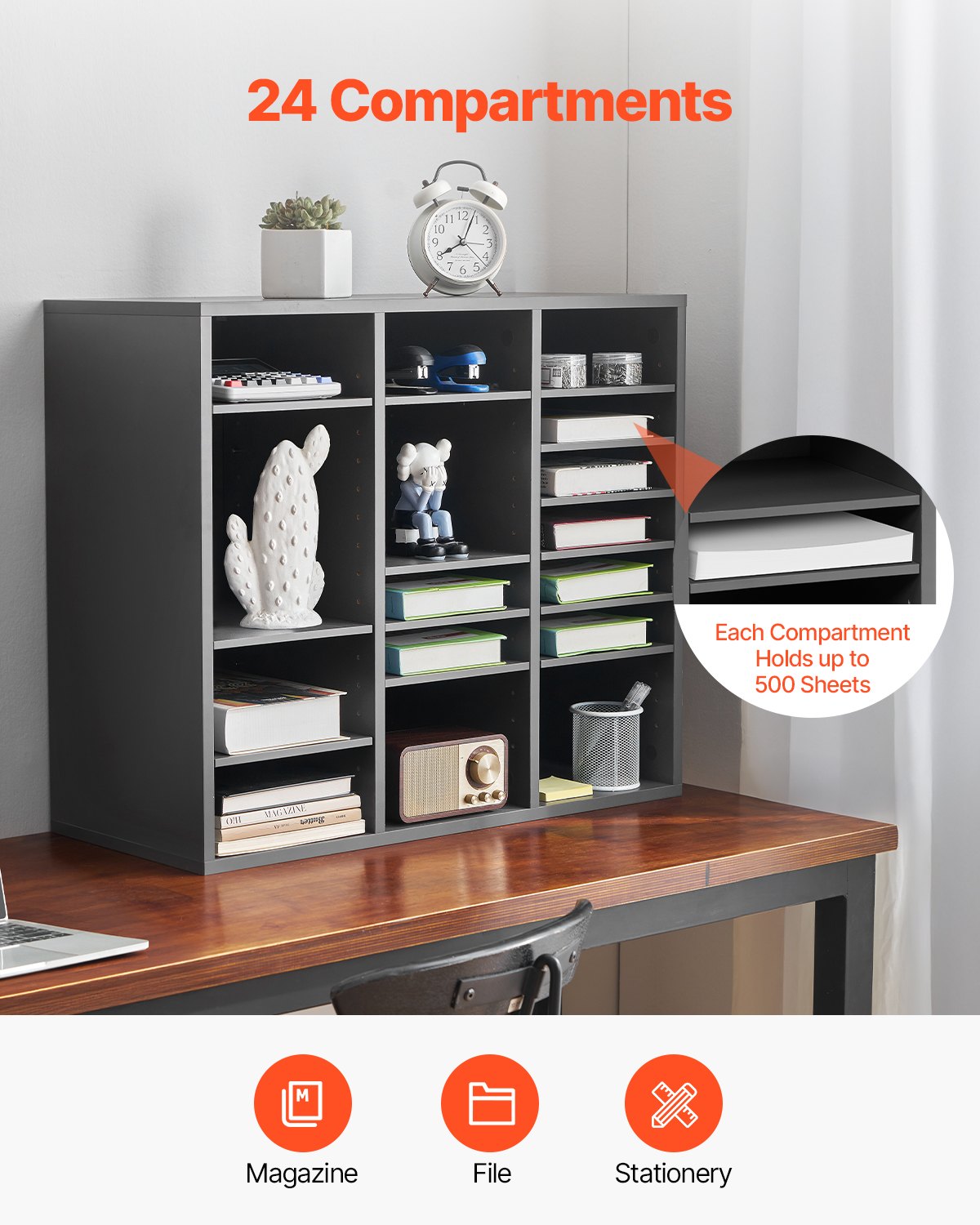 VEVOR Literature Organizer Document Tray with 24 Compartments & Adjustable Shelves, File Sorter Letter Tray Document Storage Made of Chipboard and MDF, Storage for Office Classroom Gray