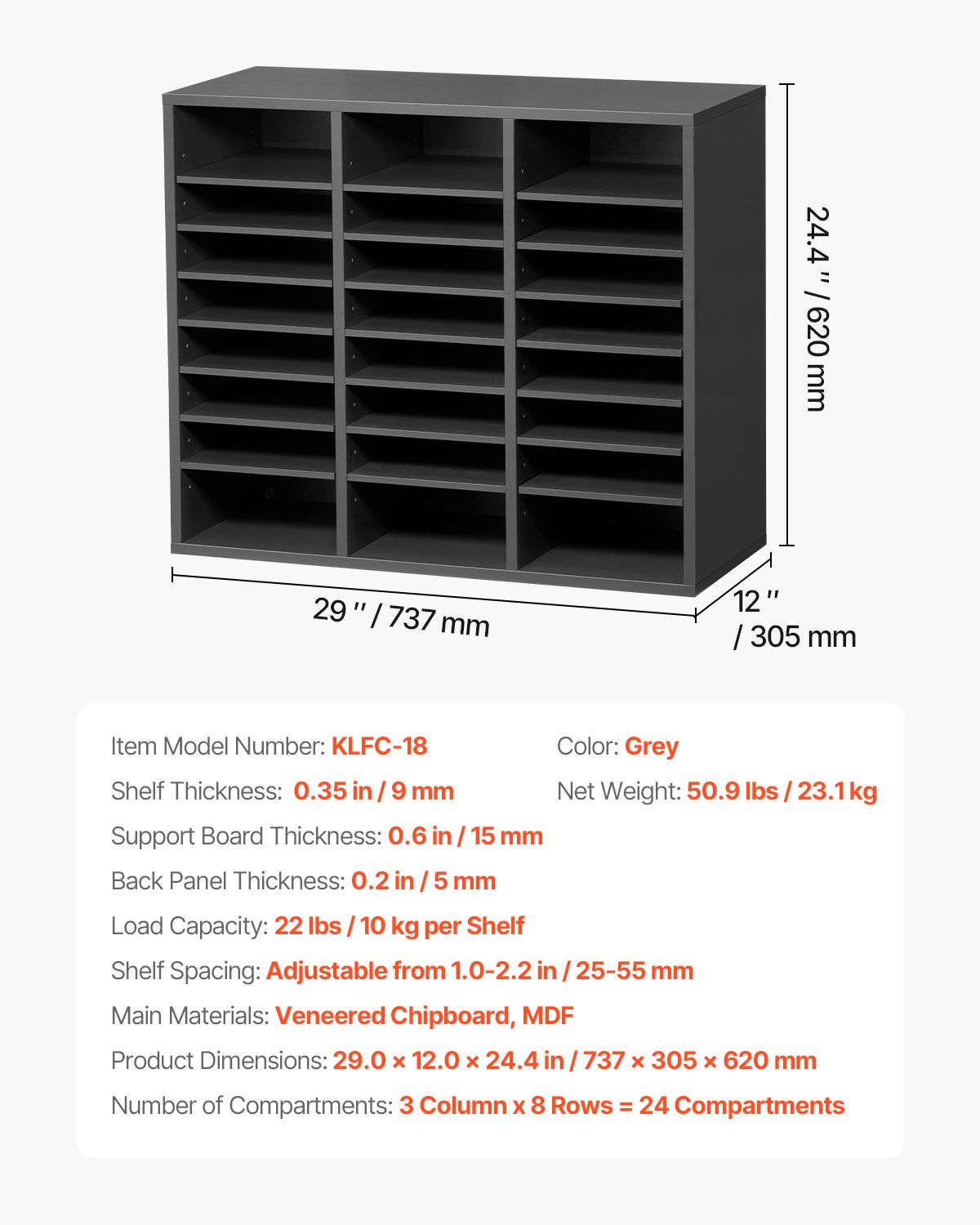 VEVOR Literature Organizer Document Tray with 24 Compartments & Adjustable Shelves, File Sorter Letter Tray Document Storage Made of Chipboard and MDF, Storage for Office Classroom Gray