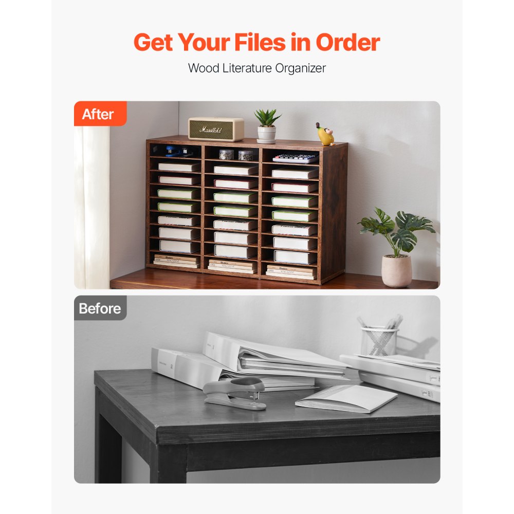 VEVOR Literature Organizer Document Tray with 27 Compartments & Removable Shelves, File Sorter Letter Tray Made of Wood, Chipboard, Storage for Office Classroom File Sorter Dark Brown