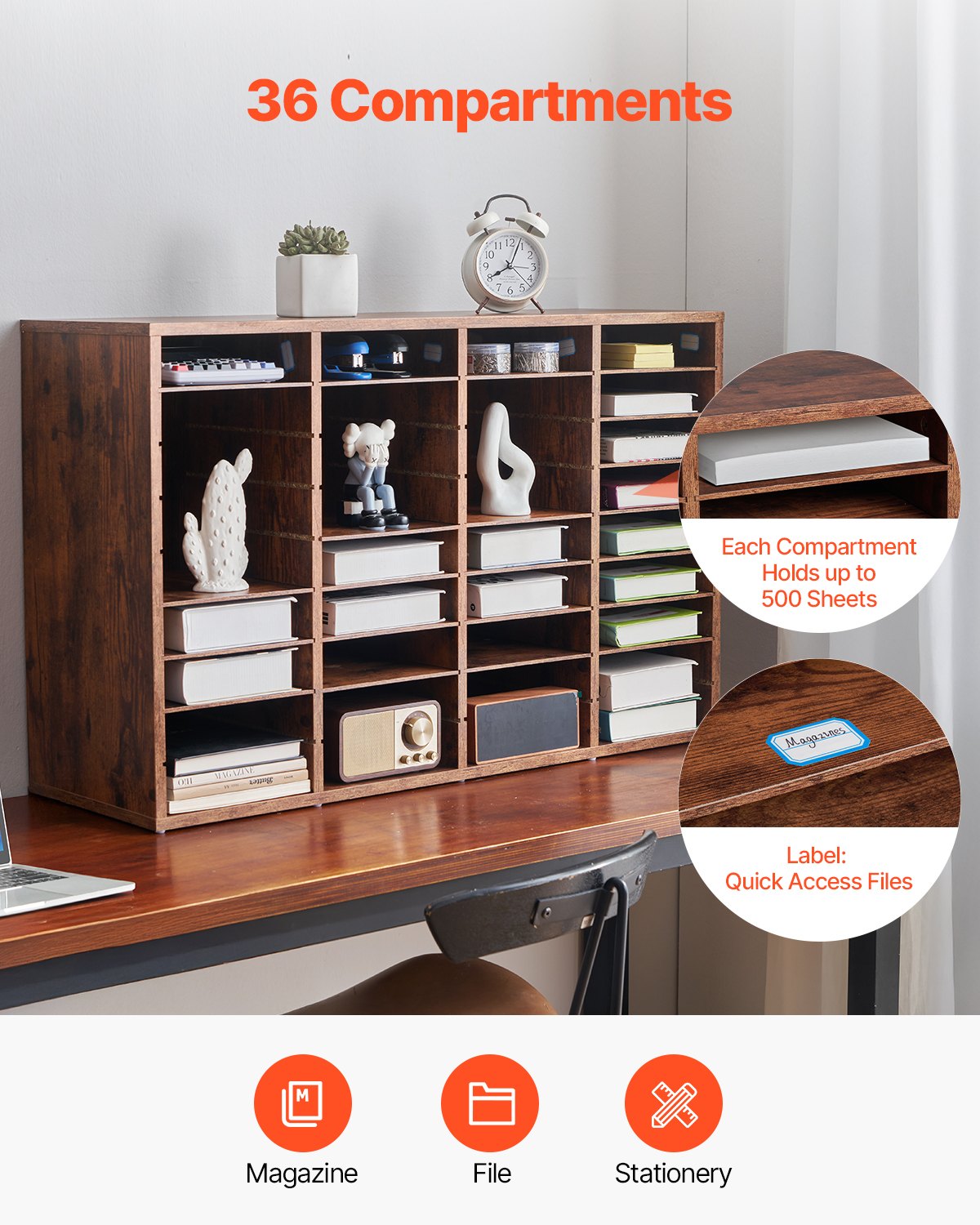 VEVOR Literature Organizer Document Tray with 36 Compartments & Removable Shelves, File Sorter Letter Tray Made of Wood, Chipboard, Storage for Office Classroom File Sorter Dark Brown