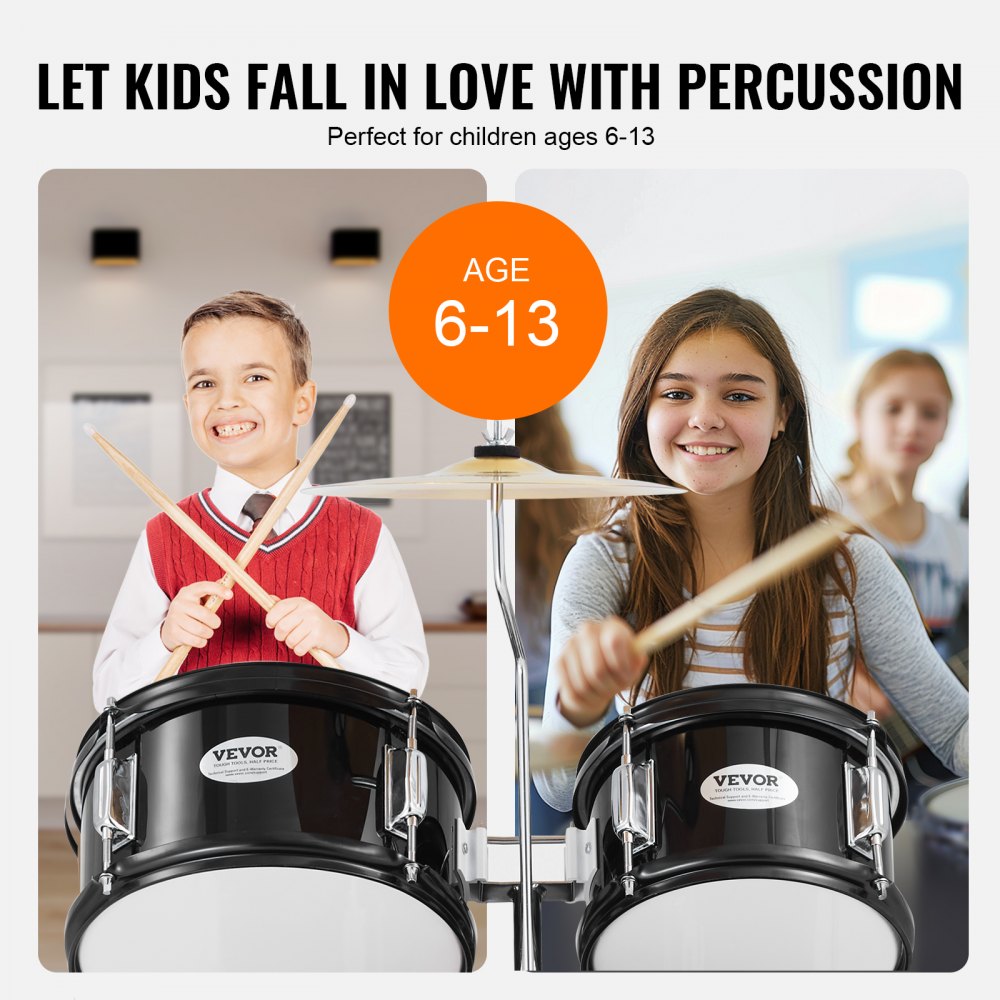 VEVOR 5-Piece Drum Set for Children, Beginner Drum Set with Bass Toms, Snare Drum, Floor Drum, Adjustable Throne Cymbal, Hi-Hat Pedal and Two Pairs of Drumsticks, for Children, Black
