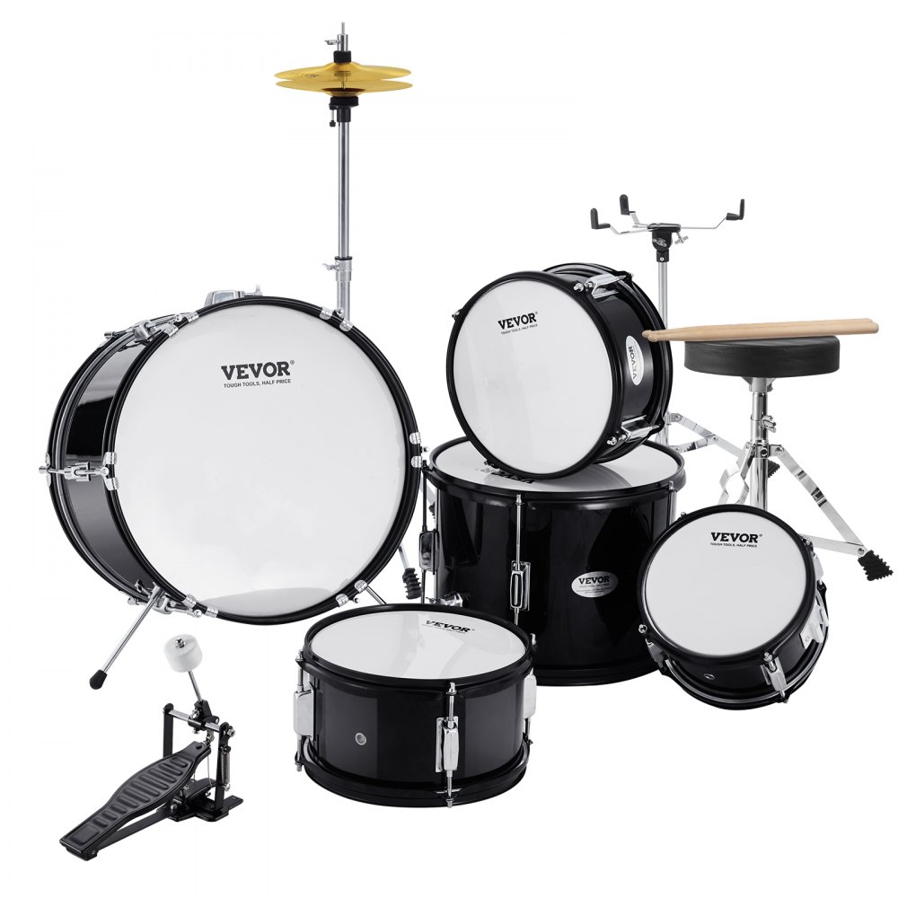 VEVOR 5-Piece Drum Set for Children, Beginner Drum Set with Bass Toms, Snare Drum, Floor Drum, Adjustable Throne Cymbal, Hi-Hat Pedal and Two Pairs of Drumsticks, for Children, Black