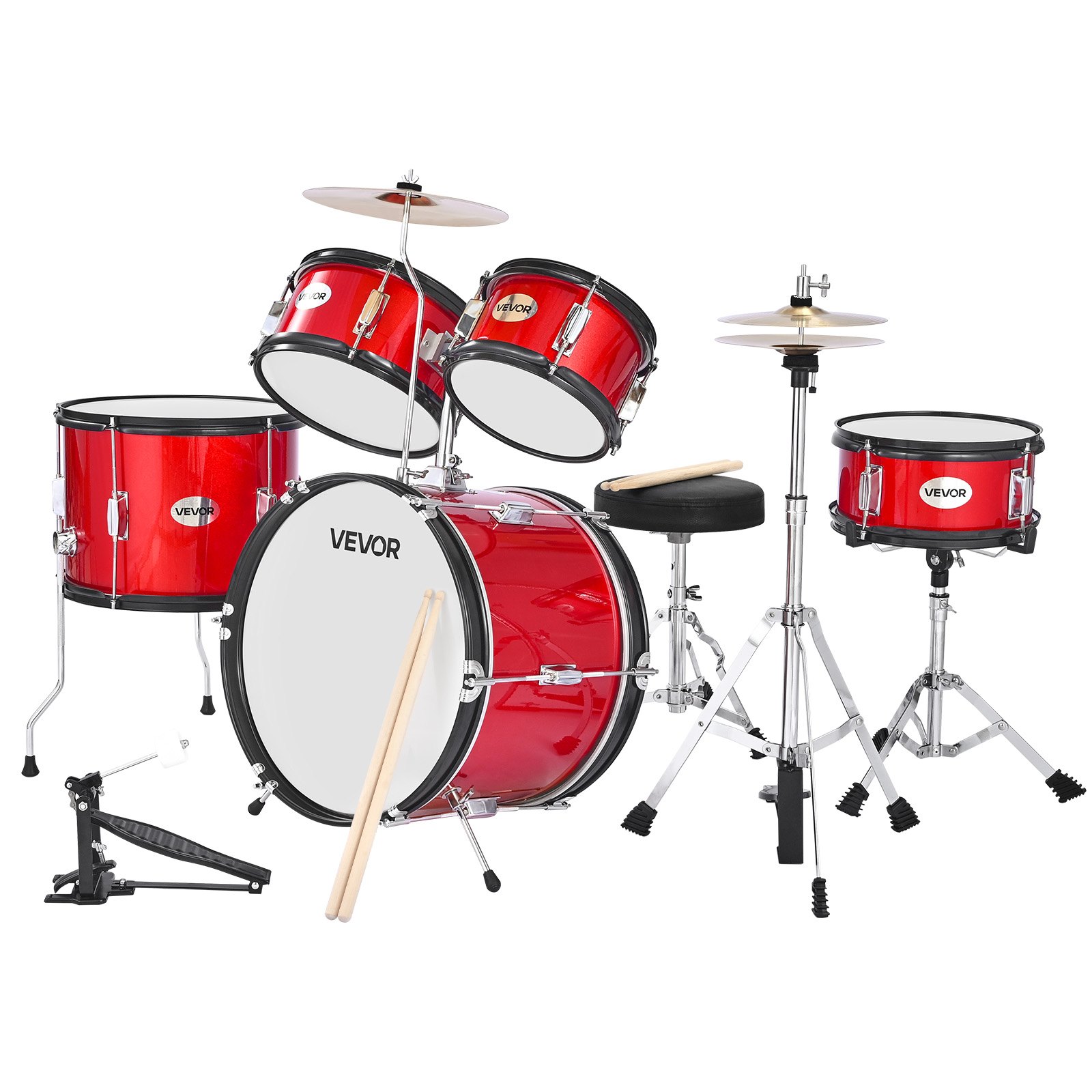 Zestaw perkusyjny VEVOR, 5-elementowy zestaw perkusyjny dla początkujących, zawierający bęben basowy, werbel, tomy, tom podłogowy, talerz crash, hi-hat ze stojakiem, zestaw instrumentów do nauki muzyki, dla dzieci w wieku 6-13 lat (czerwony)