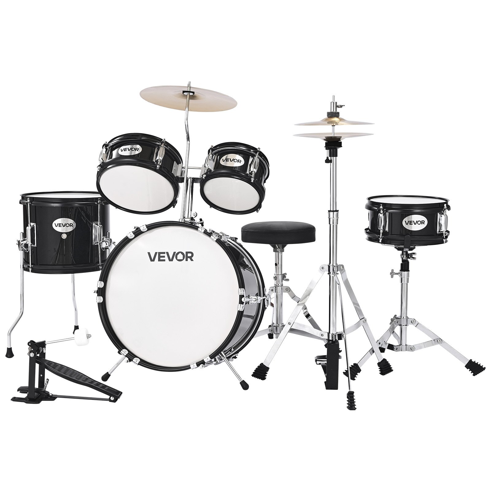 Zestaw perkusyjny VEVOR, 5 elementów, z bębnem basowym 14", werblem 8", tomami 6" i 8", tomem podłogowym 10", talerzem crash 10" i hi-hatem 8", dla dzieci w wieku 6-13 lat (czarny)