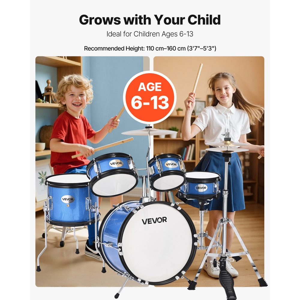 VEVOR Zestaw perkusyjny, 5 elementów: bęben basowy 14", werbel 8", tomy 6" i 8", tom podłogowy 10", talerz crash 10", hi-hat 8" ze statywem, dla dzieci w wieku 6-13 lat (niebieski)