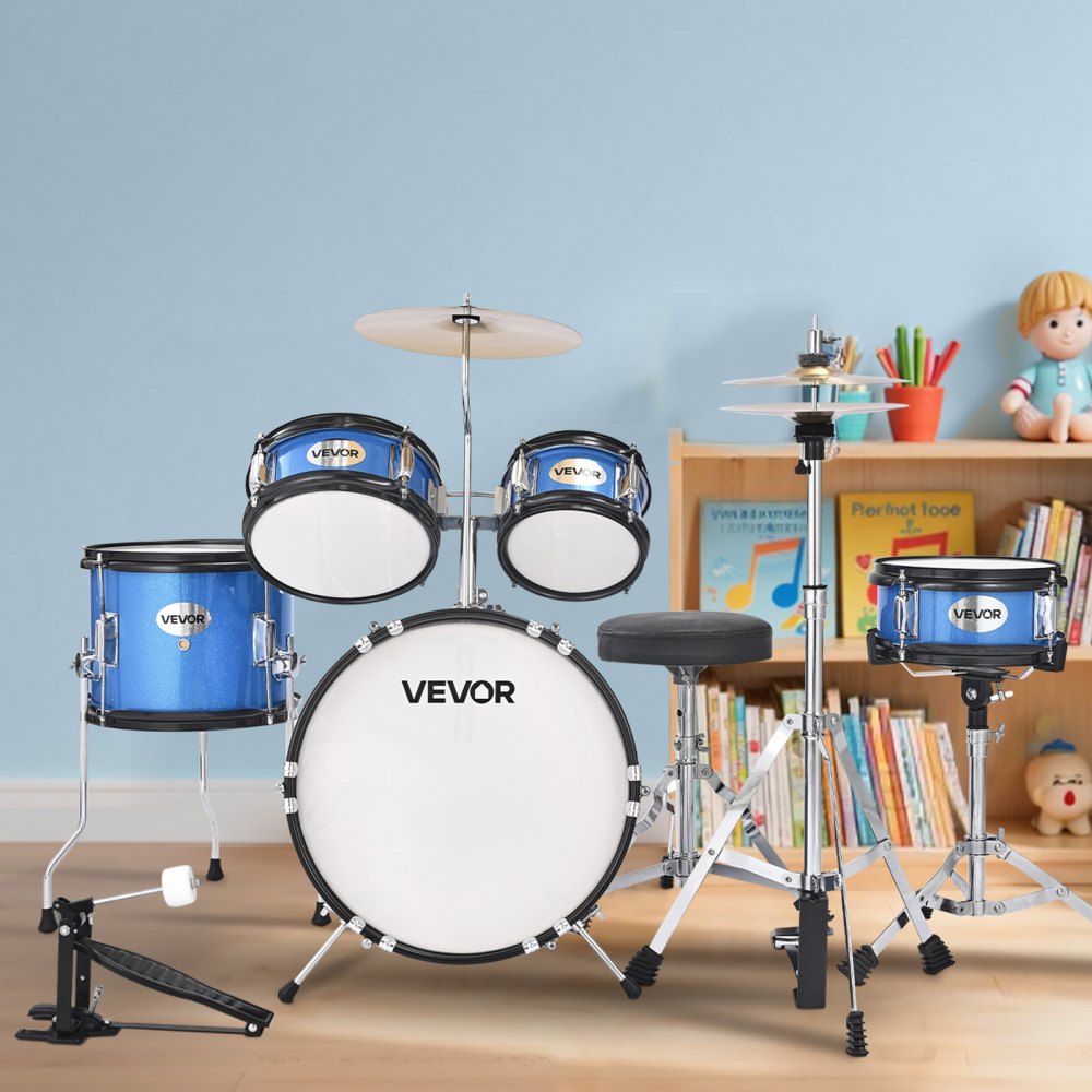 VEVOR Zestaw perkusyjny, 5 elementów: bęben basowy 14", werbel 8", tomy 6" i 8", tom podłogowy 10", talerz crash 10", hi-hat 8" ze statywem, dla dzieci w wieku 6-13 lat (niebieski)