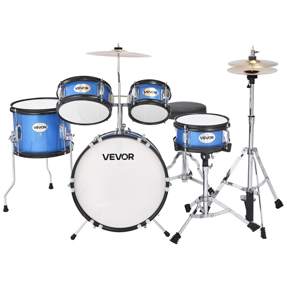 VEVOR Zestaw perkusyjny, 5 elementów: bęben basowy 14", werbel 8", tomy 6" i 8", tom podłogowy 10", talerz crash 10", hi-hat 8" ze statywem, dla dzieci w wieku 6-13 lat (niebieski)