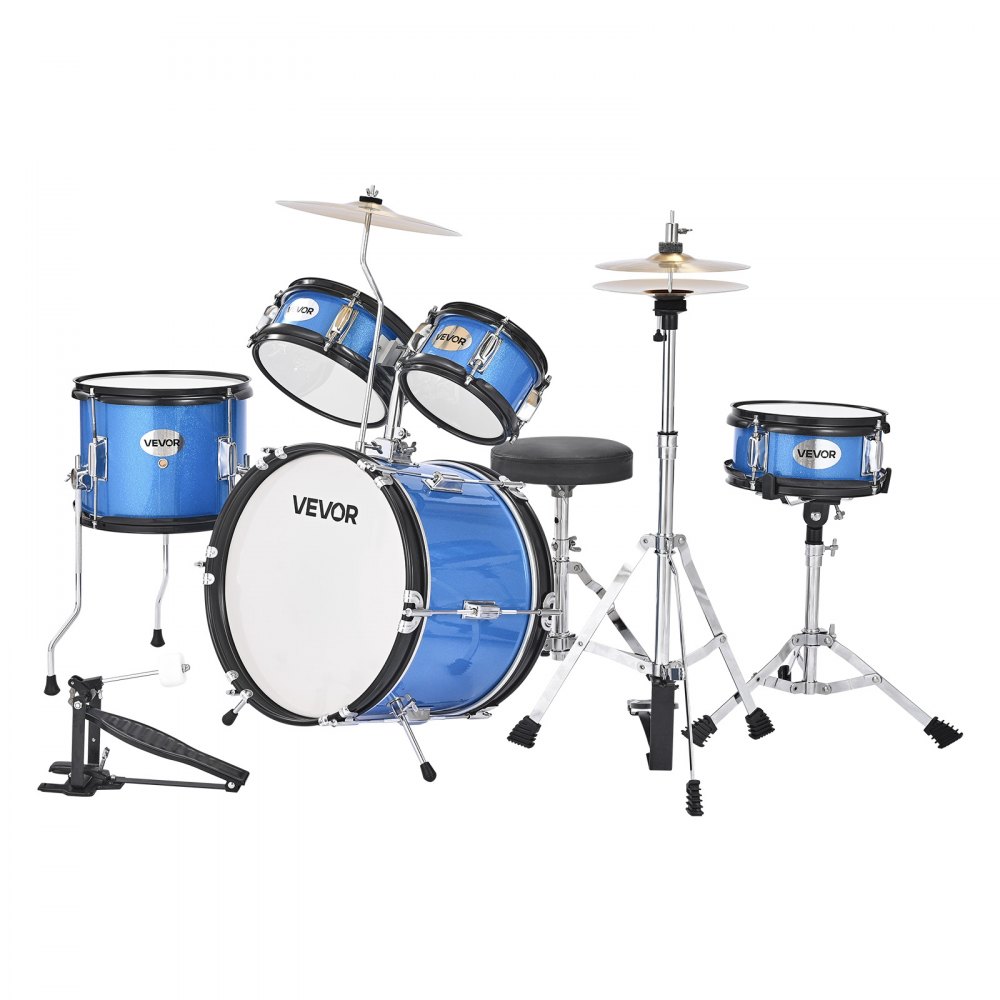 VEVOR Zestaw perkusyjny, 5 elementów: bęben basowy 14", werbel 8", tomy 6" i 8", tom podłogowy 10", talerz crash 10", hi-hat 8" ze statywem, dla dzieci w wieku 6-13 lat (niebieski)
