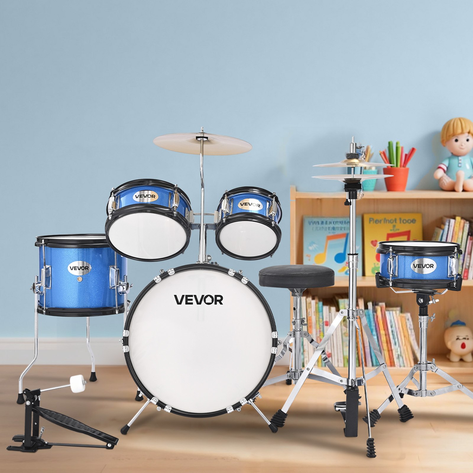 VEVOR Zestaw perkusyjny, 5 elementów: bęben basowy 14", werbel 8", tomy 6" i 8", tom podłogowy 10", talerz crash 10", hi-hat 8" ze statywem, dla dzieci w wieku 6-13 lat (niebieski)