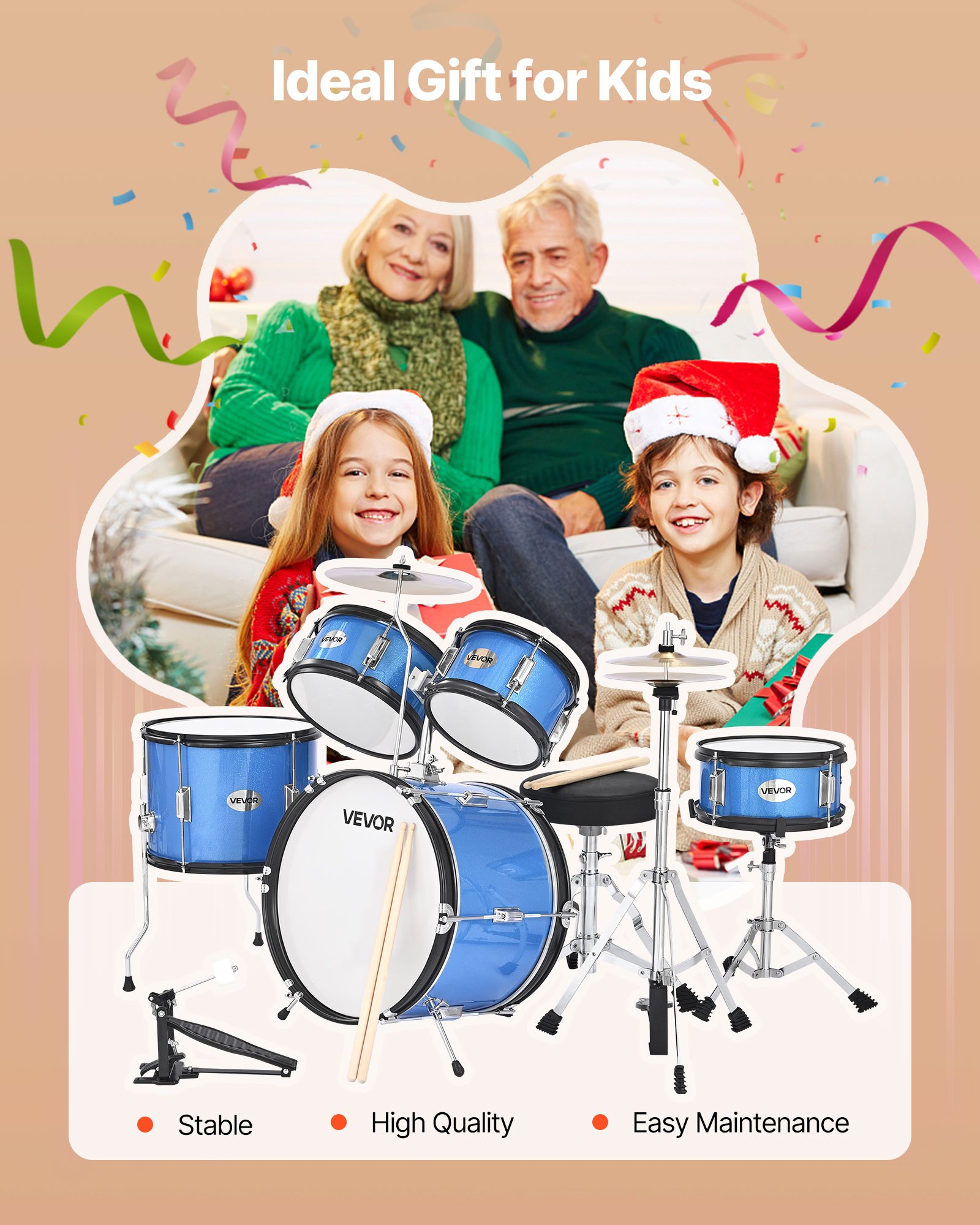 Zestaw perkusyjny VEVOR 5-częściowy, zawierający bęben basowy 16", werbel 10", tomy 8" i 10", tom podłogowy 13", talerz crash 10" i hi-hat 8", dla dzieci w wieku 6-13 lat, kolor niebieski