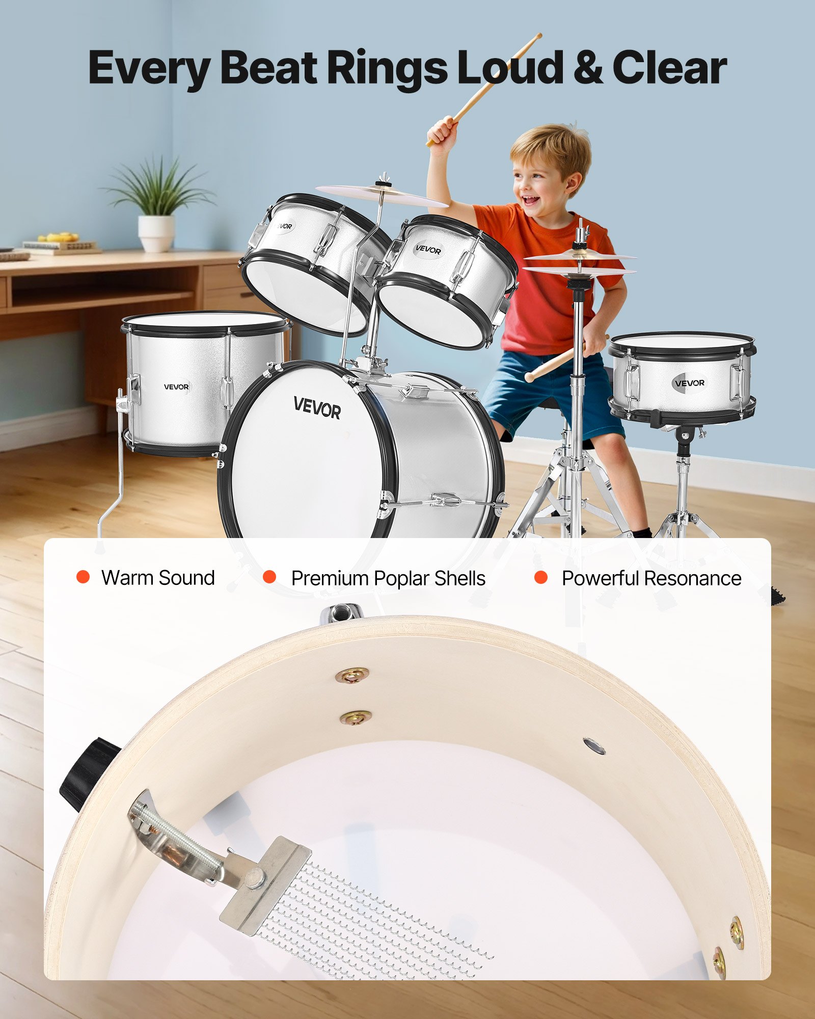 Zestaw perkusyjny VEVOR 5-częściowy, zawierający bęben basowy 16", werbel 10", tomy 8" i 10", tom podłogowy 13", talerz crash 10" i hi-hat 8", dla dzieci w wieku 6-13 lat, kolor srebrny