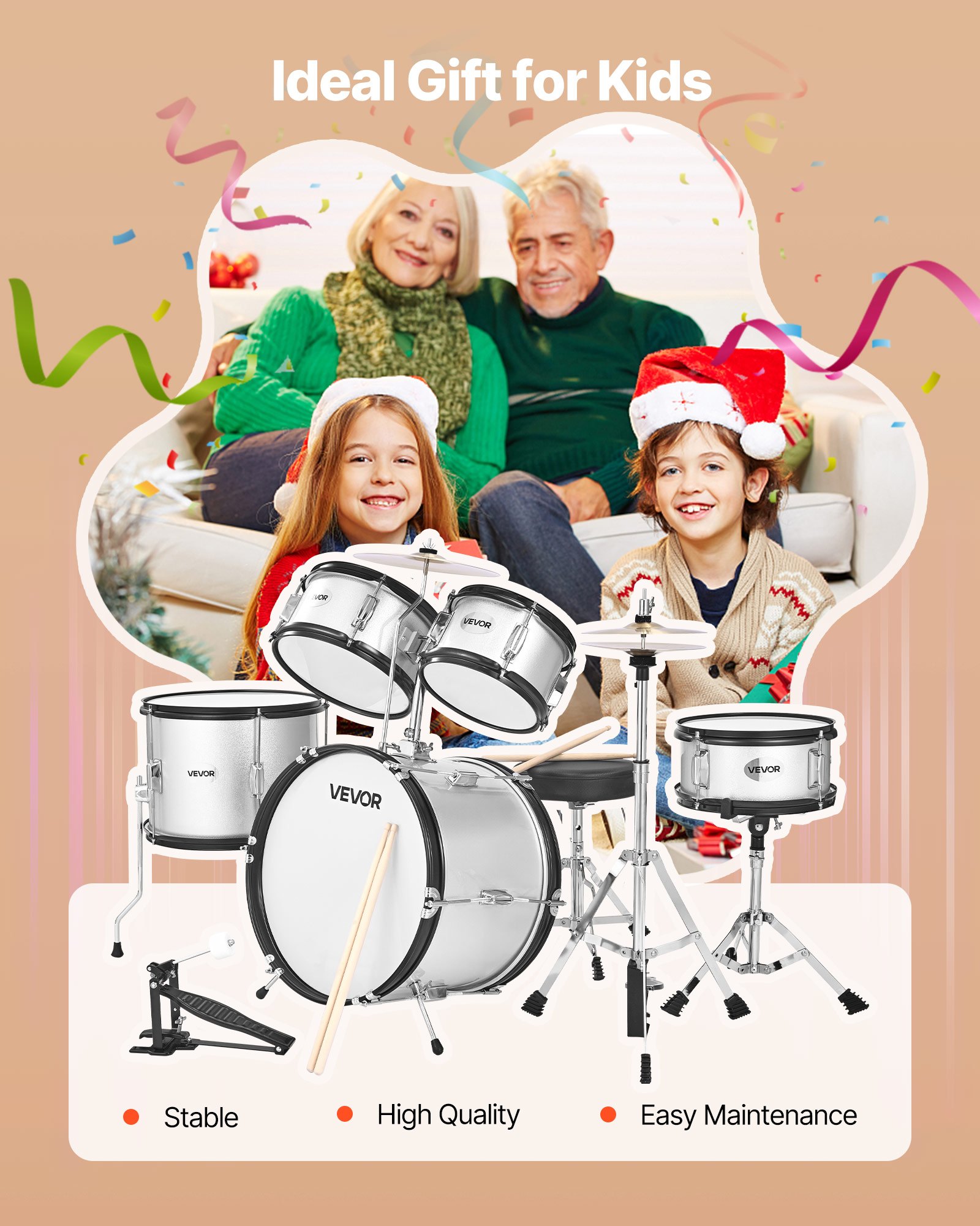 Zestaw perkusyjny VEVOR 5-częściowy, zawierający bęben basowy 16", werbel 10", tomy 8" i 10", tom podłogowy 13", talerz crash 10" i hi-hat 8", dla dzieci w wieku 6-13 lat, kolor srebrny