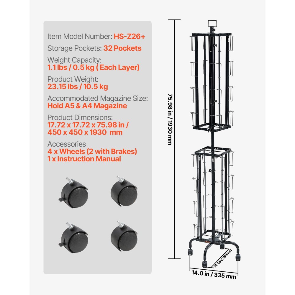 VEVOR Greeting Cards Display Rack, 32 Pockets Rotating Postcard Brochure Display Stand, 360° Spinning Card Display Rack with Sign Holder & 4 Wheels (2 Lockable) for Exhibitions Office Trade Show