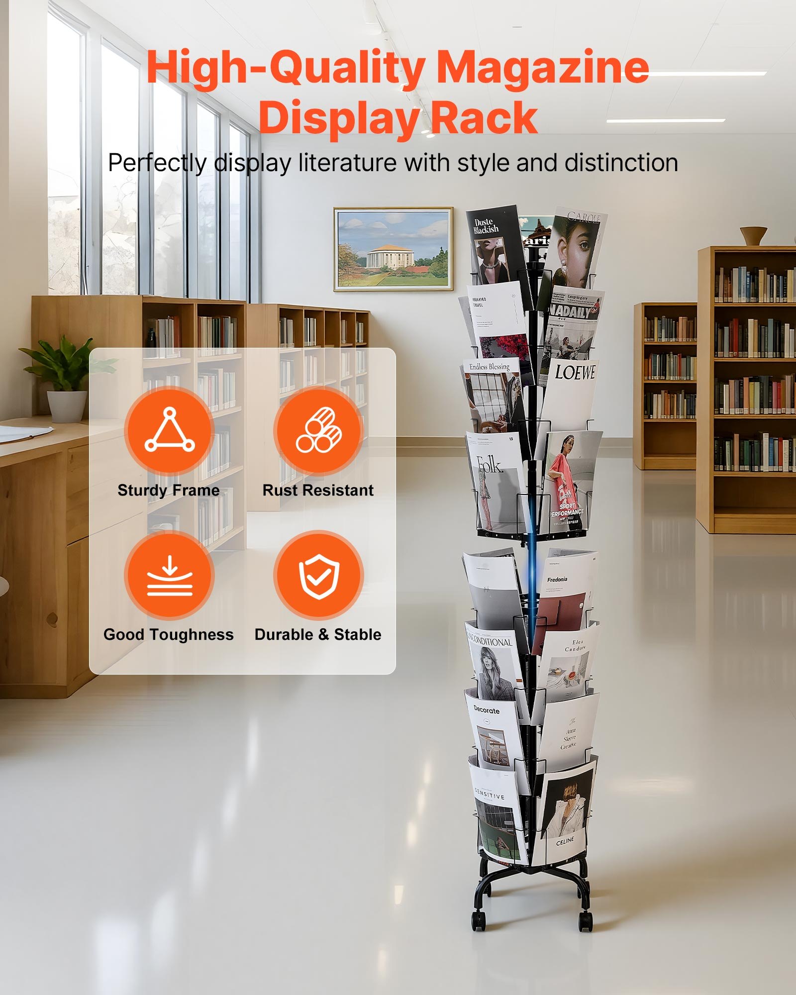 VEVOR Greeting Cards Display Rack, 32 Pockets Rotating Postcard Brochure Display Stand, 360° Spinning Card Display Rack with Sign Holder & 4 Wheels (2 Lockable) for Exhibitions Office Trade Show