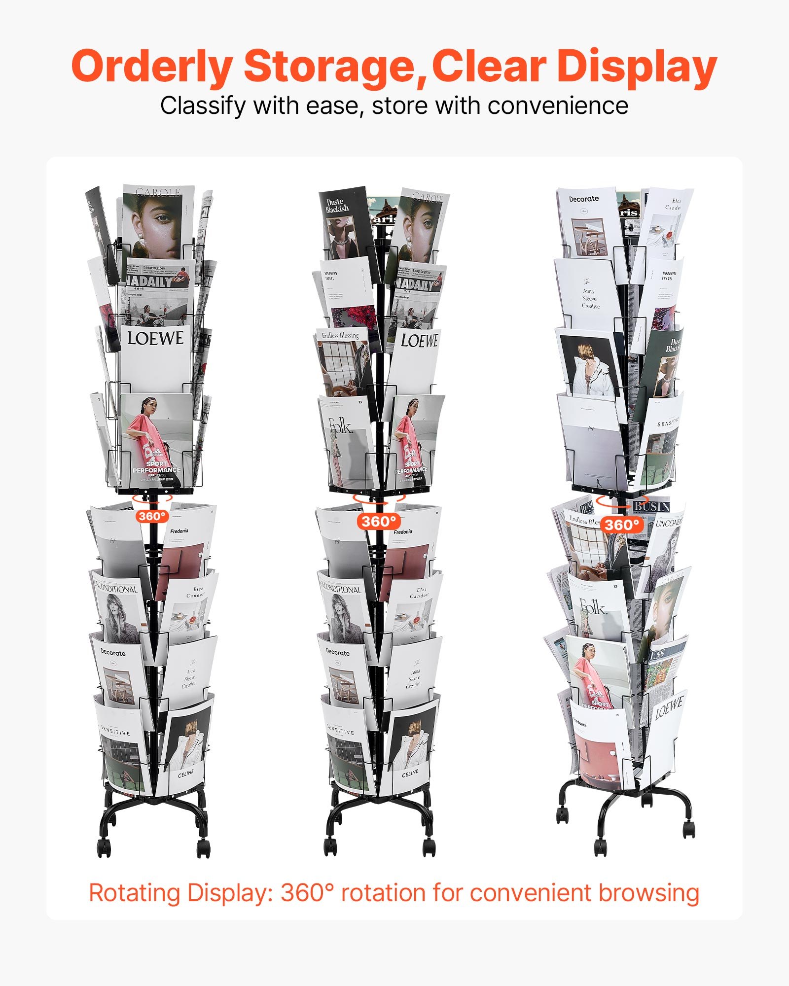 VEVOR Greeting Cards Display Rack, 32 Pockets Rotating Postcard Brochure Display Stand, 360° Spinning Card Display Rack with Sign Holder & 4 Wheels (2 Lockable) for Exhibitions Office Trade Show