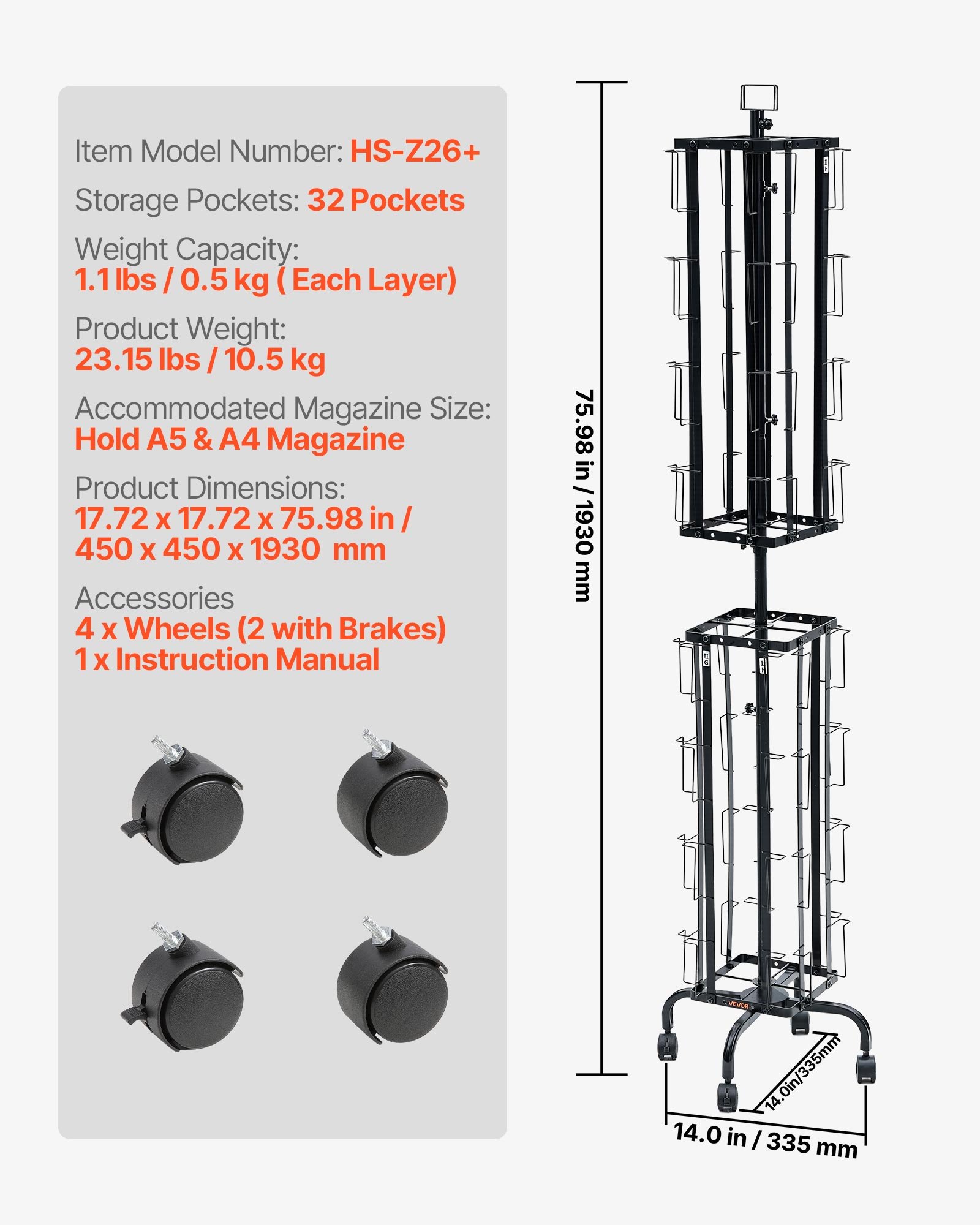 VEVOR Greeting Cards Display Rack, 32 Pockets Rotating Postcard Brochure Display Stand, 360° Spinning Card Display Rack with Sign Holder & 4 Wheels (2 Lockable) for Exhibitions Office Trade Show