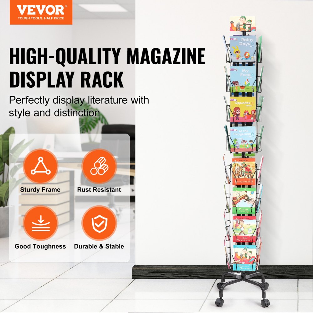 VEVOR Greeting Card Stand, 360° Rotating Brochure Stand for Postcards with 32 Compartments, Card Stand with Sign Holder & 4 Wheels (2 Lockable) for Exhibitions, Offices, Trade Fairs, Airports, Train Stations