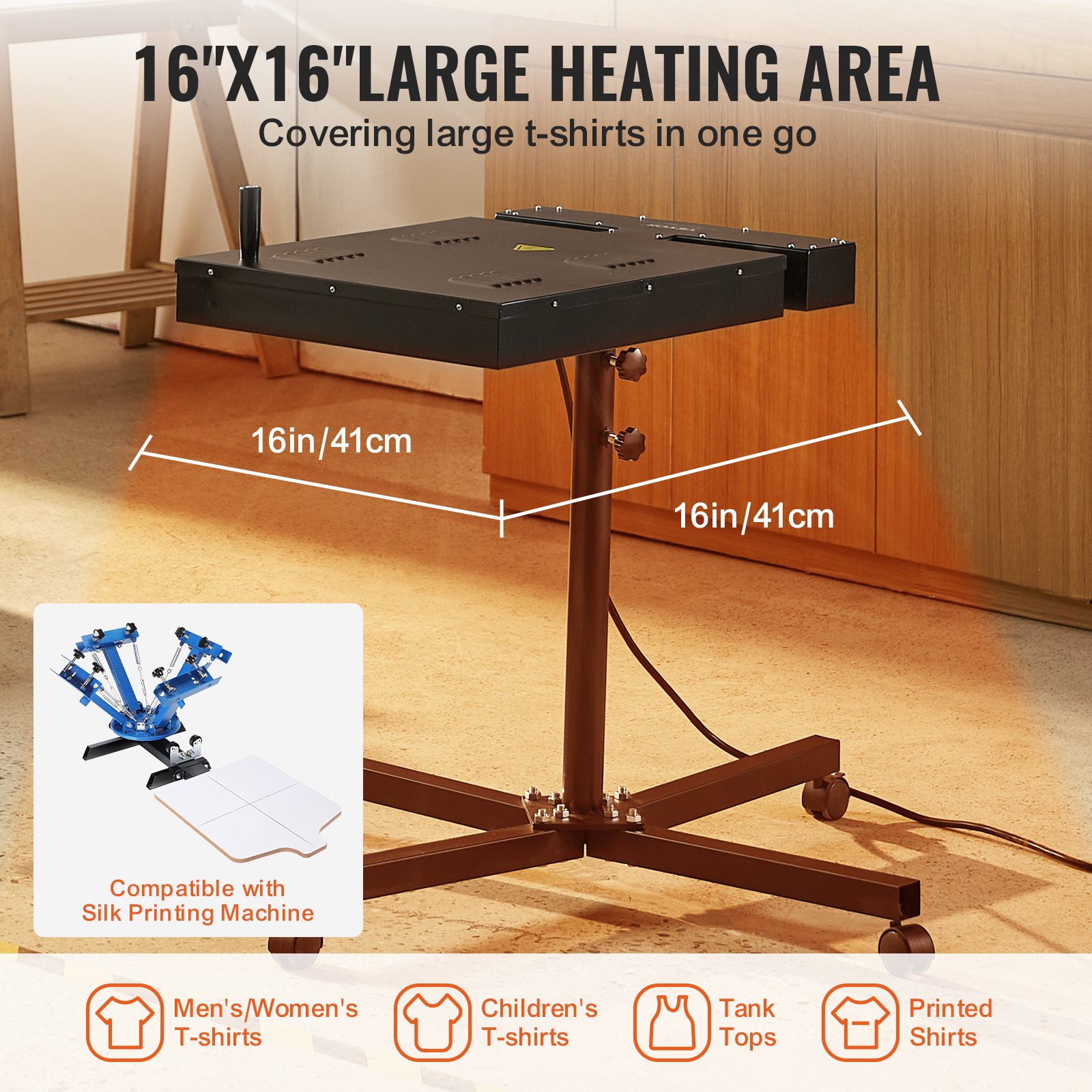 Suszarka błyskowa VEVOR do sitodruku 41 x 41 cm, regulacja temperatury 0–750°, wytrzymała suszarka do sitodruku ze stojakiem o regulowanej wysokości, obrót o 360°, maszyna do utwardzania koszulek