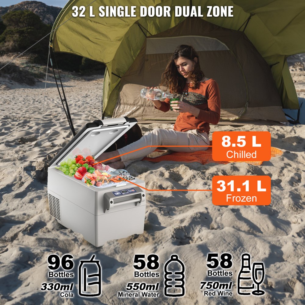 Lodówka samochodowa VEVOR, lodówka samochodowa na 12 V, przenośna dwustrefowa zamrażarka 32 l, regulowany zakres od -4 ℉ do 50 ℉, 12/24 V DC i 100–240 V AC Lodówka kompresorowa na zewnątrz