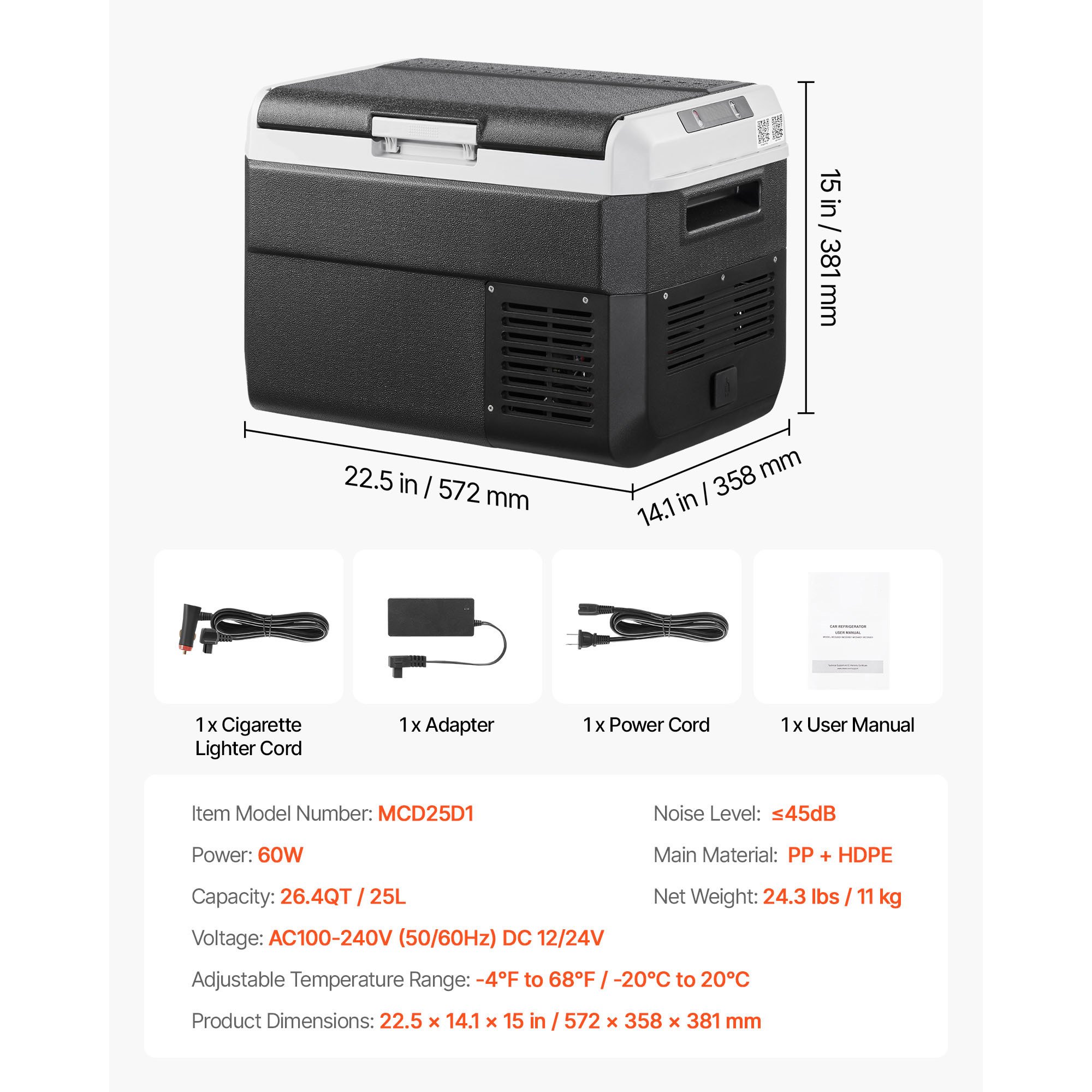 Lodówka samochodowa VEVOR Compressor 25L, przenośna lodówka samochodowa z regulacją temperatury i sterowaniem za pomocą aplikacji, 12/24 V DC i 100-240 V AC do użytku na zewnątrz, na kempingu, w podróży i w kamperach
