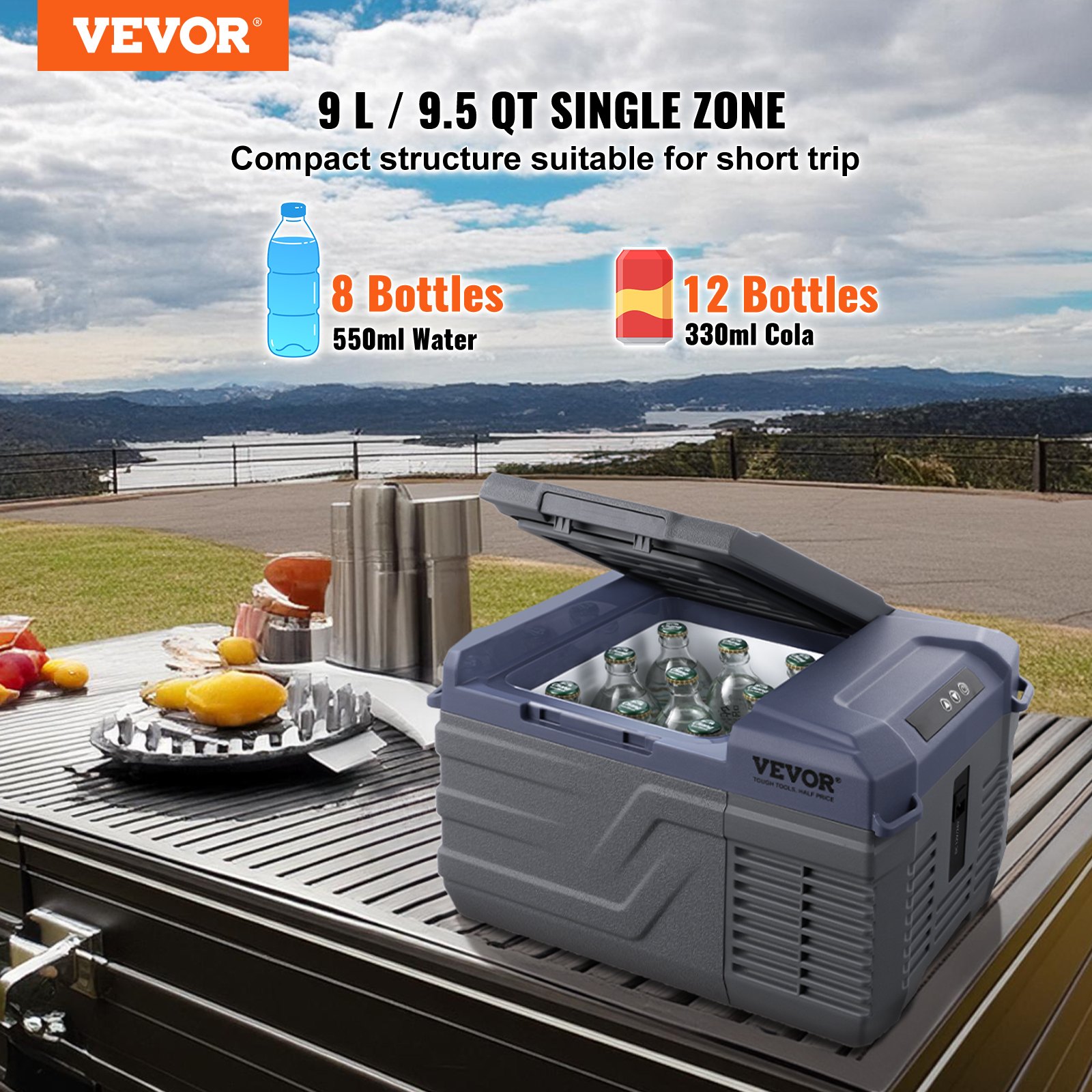 VEVOR Car Refrigerator, 12-Volt Car Refrigerator, Portable 9-Liter Single-Zone Freezer, Adjustable Range from -4℉ to 68℉, 12/24V DC and 100-240V AC Compressor Cooler for Outdoor, Camping, RV
