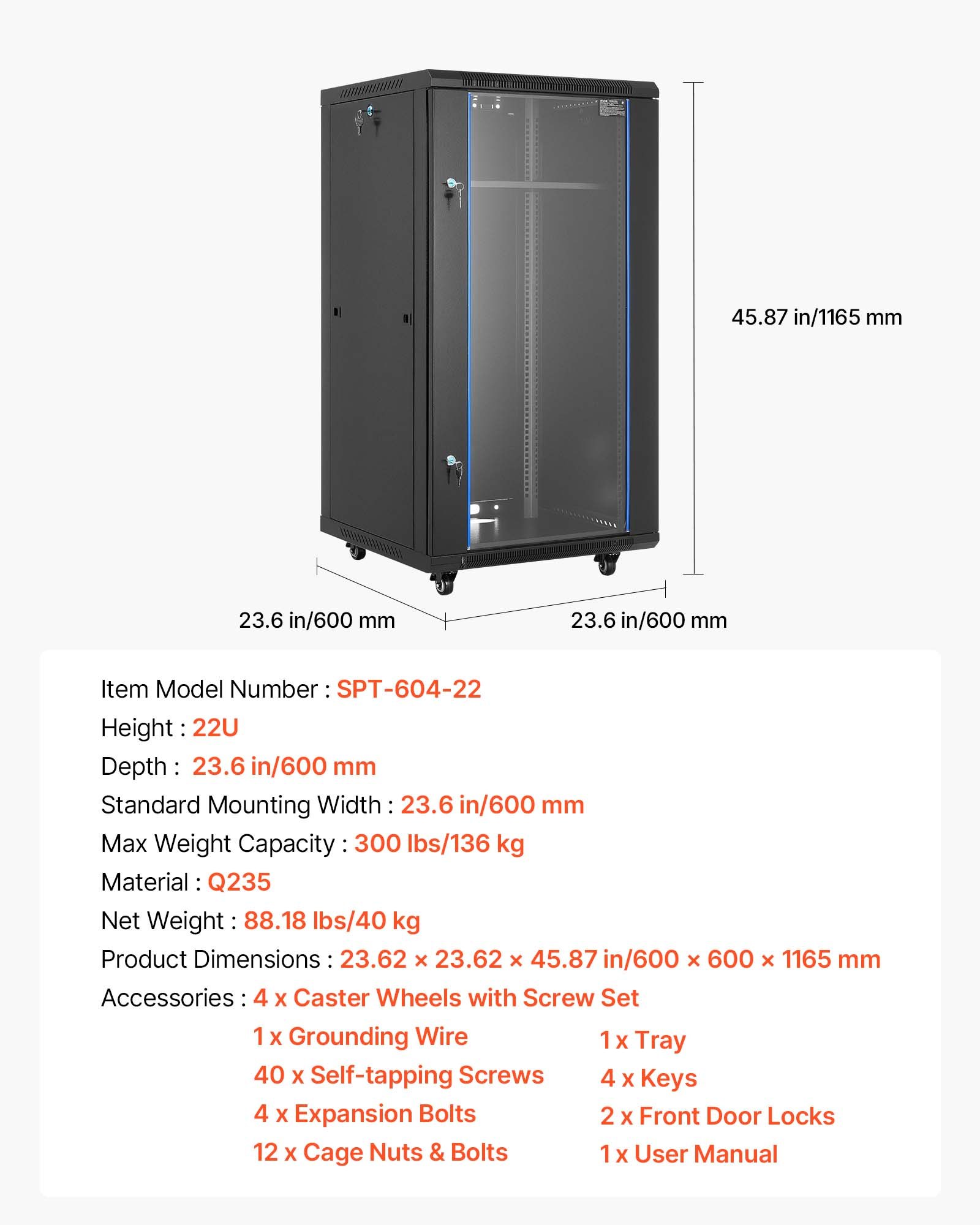 Szafa sieciowa VEVOR 22U, głębokość 600 mm, maks. nośność 136 kg, szafa serwerowa typu rack z zamykanymi drzwiami ze szkła hartowanego, panele boczne, szafa serwerowa na sprzęt IT, urządzenia audiowizualne