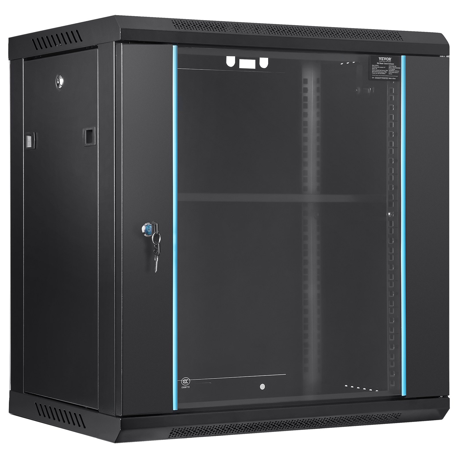 VEVOR 12U wall-mounted network server cabinet, 15.5" deep, server rack enclosure, approx. 91 kg. Floor-mounted load capacity, with lockable glass side panels, for IT equipment and A/V equipment.