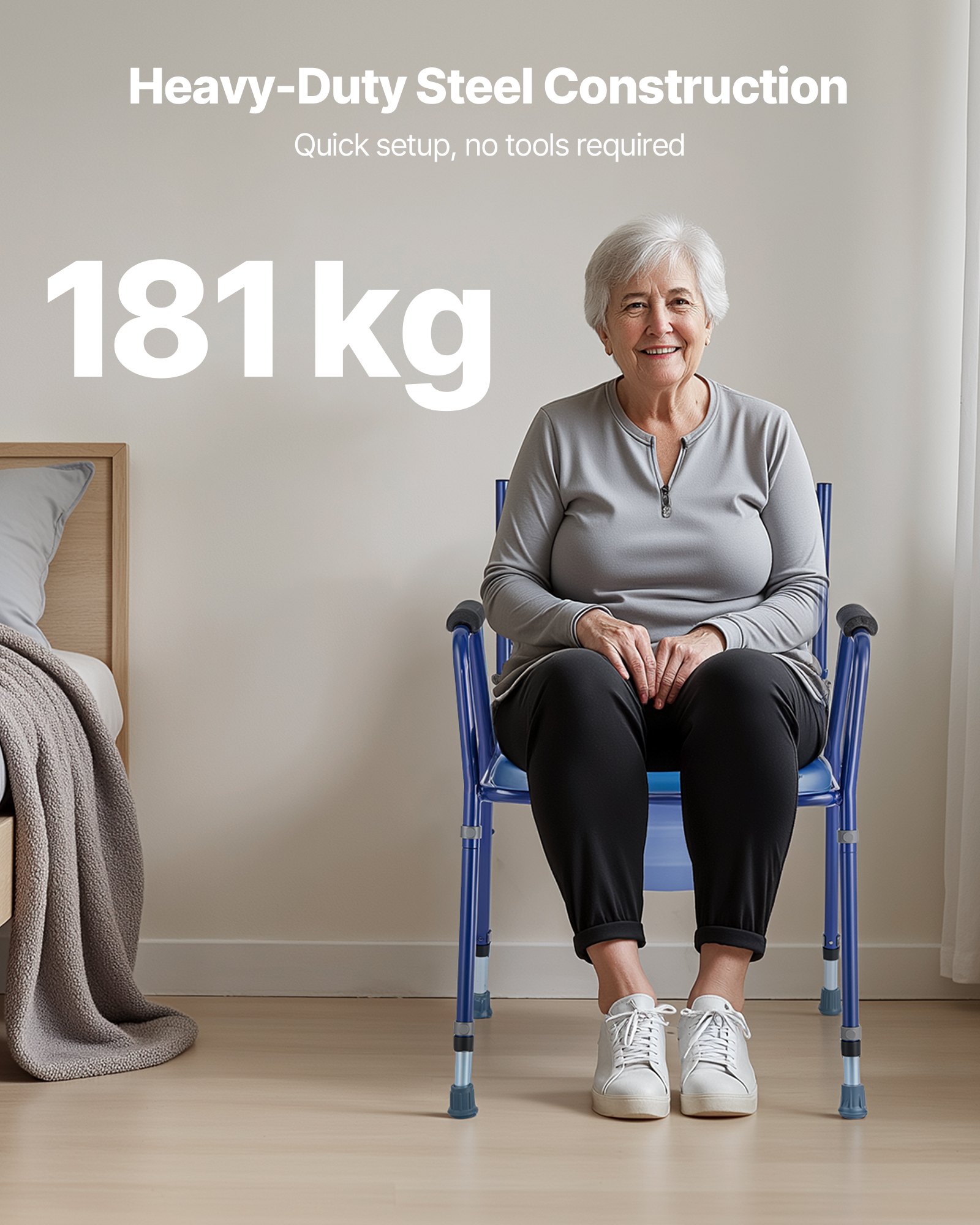 Fotel toaletowy VEVOR przy łóżku, nośność 181 kg, podwyższone siedzisko sedesowe z wyściełanym siedziskiem i oparciem, wyjmowany pojemnik o pojemności 5 l, regulowany na wysokość fotel toaletowy (815-915 mm) dla dorosłych