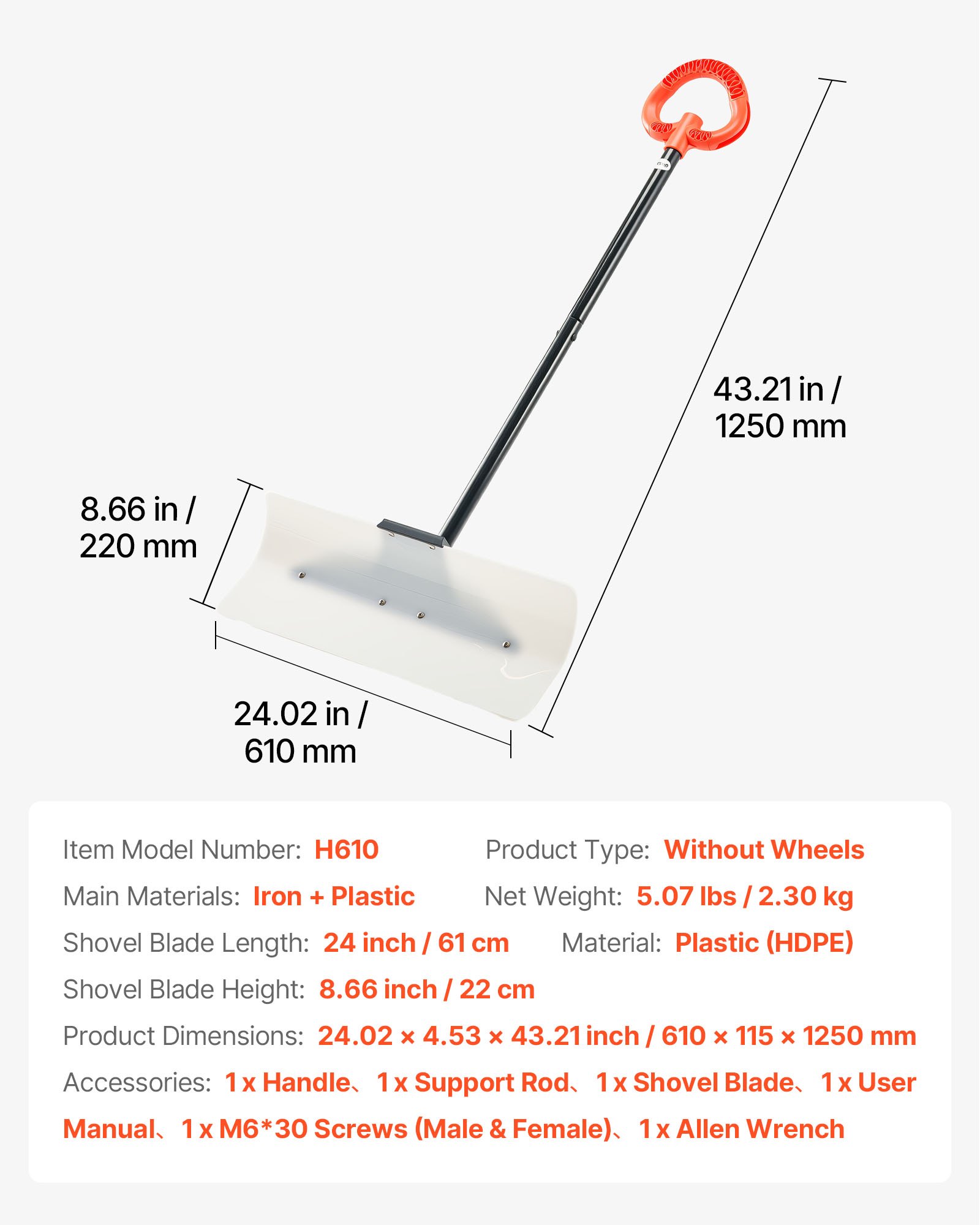 Łopata do śniegu VEVOR, 610 x 1250 mm, odśnieżarka z ergonomicznym uchwytem, ​​lemiesz łopaty HDPE, narzędzie do odśnieżania, przenośna pług do odśnieżania podjazdów, schodów i chodników