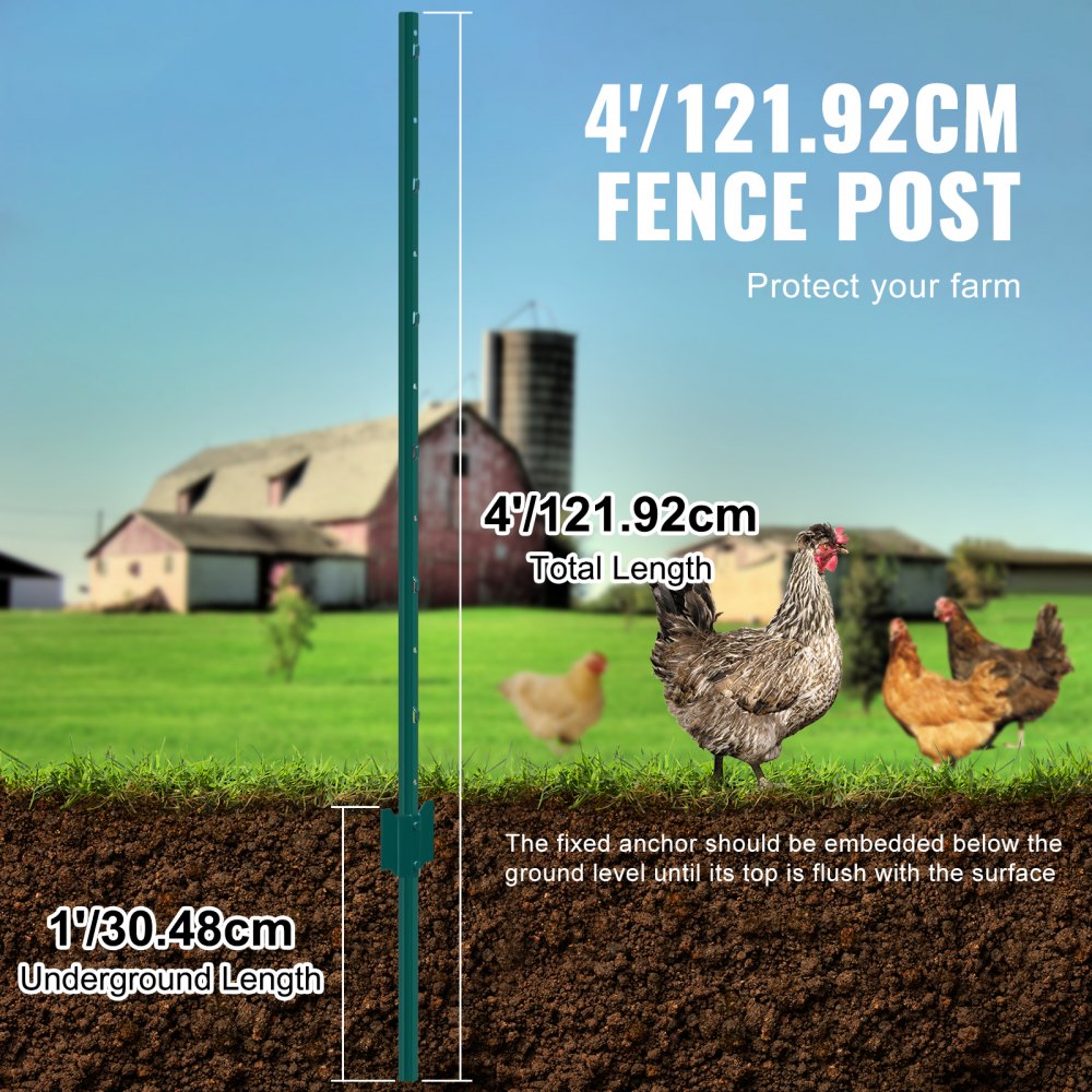 VEVOR 4 Foot Fence Posts, 10-Pack T-Posts Heavy-Duty Metal Fence Posts, Sturdy Steel Fence Stakes for Garden Yards, Lawns, Farms and Outdoor Chain Link Fences, Green
