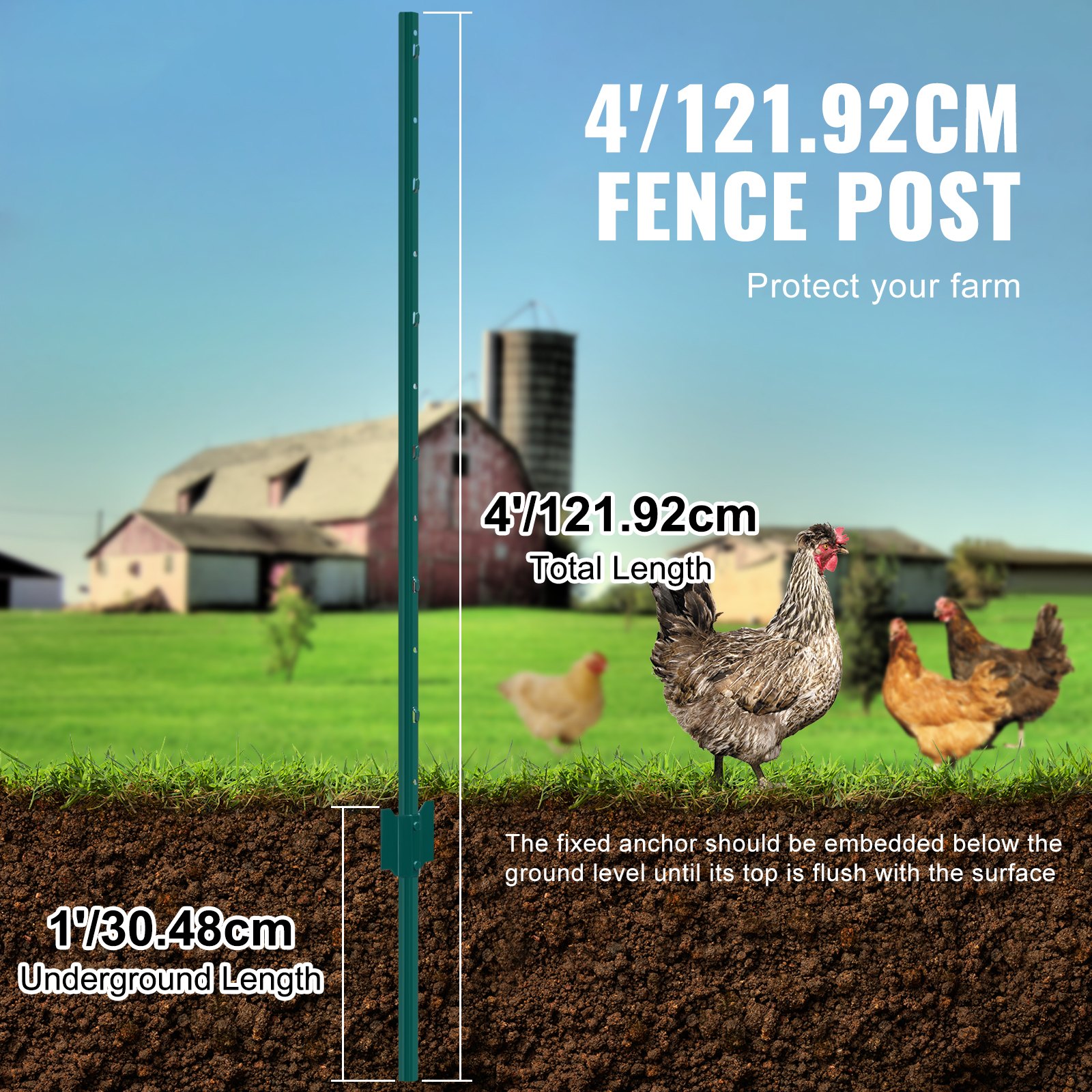 VEVOR 4 Foot Fence Posts, 10-Pack T-Posts Heavy-Duty Metal Fence Posts, Sturdy Steel Fence Stakes for Garden Yards, Lawns, Farms and Outdoor Chain Link Fences, Green