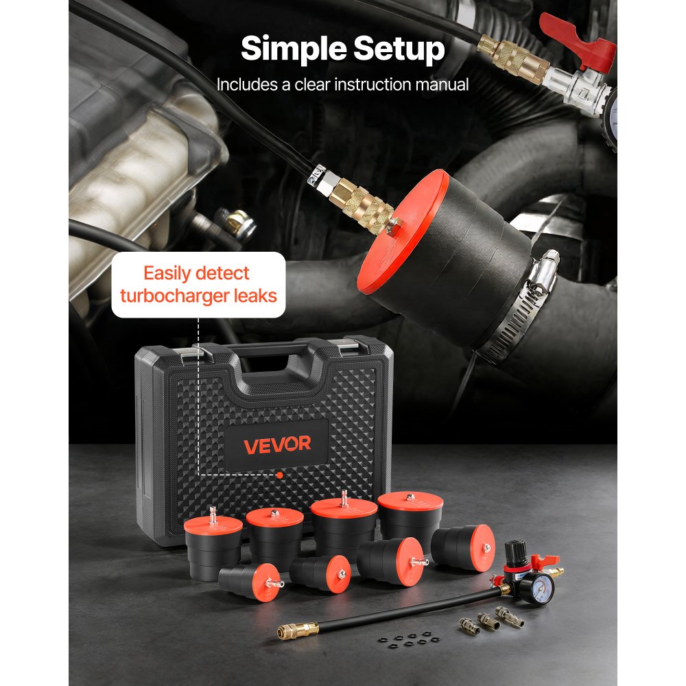 Zestaw testera szczelności turbosprężarki VEVOR 0-80 PSI do sprawdzania szczelności układu turbosprężarki z 4 parami adapterów stopniowanych 1-3/8 do 3-1/2 cala, w tym przyłącza powietrza do testowania chłodnicy międzystopniowej i przewodu dolotowego