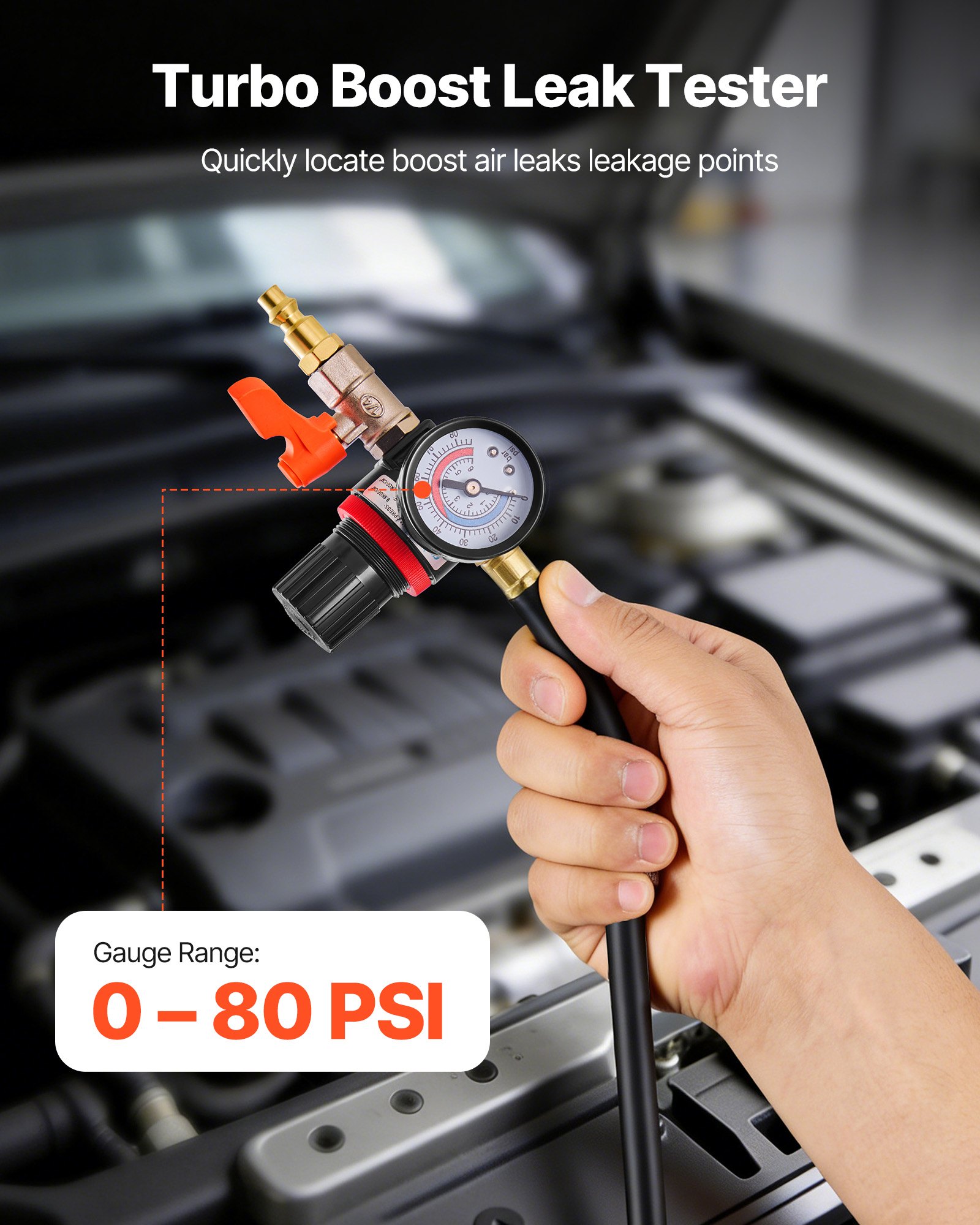 Zestaw testera szczelności turbosprężarki VEVOR 0-80 PSI do sprawdzania szczelności układu turbosprężarki z 4 parami adapterów stopniowanych 1-3/8 do 3-1/2 cala, w tym przyłącza powietrza do testowania chłodnicy międzystopniowej i przewodu dolotowego