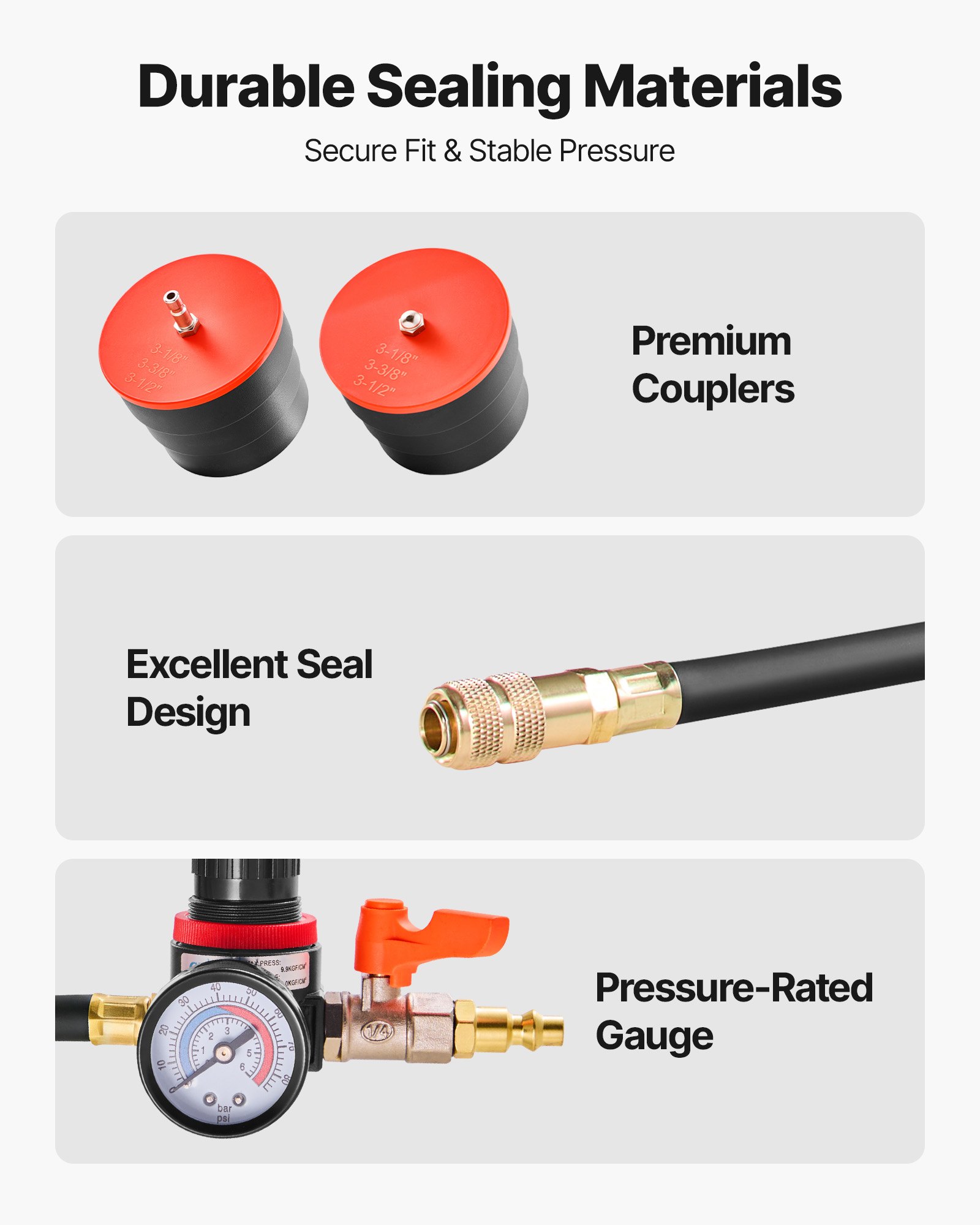 Zestaw testera szczelności turbosprężarki VEVOR 0-80 PSI do sprawdzania szczelności układu turbosprężarki z 4 parami adapterów stopniowanych 1-3/8 do 3-1/2 cala, w tym przyłącza powietrza do testowania chłodnicy międzystopniowej i przewodu dolotowego