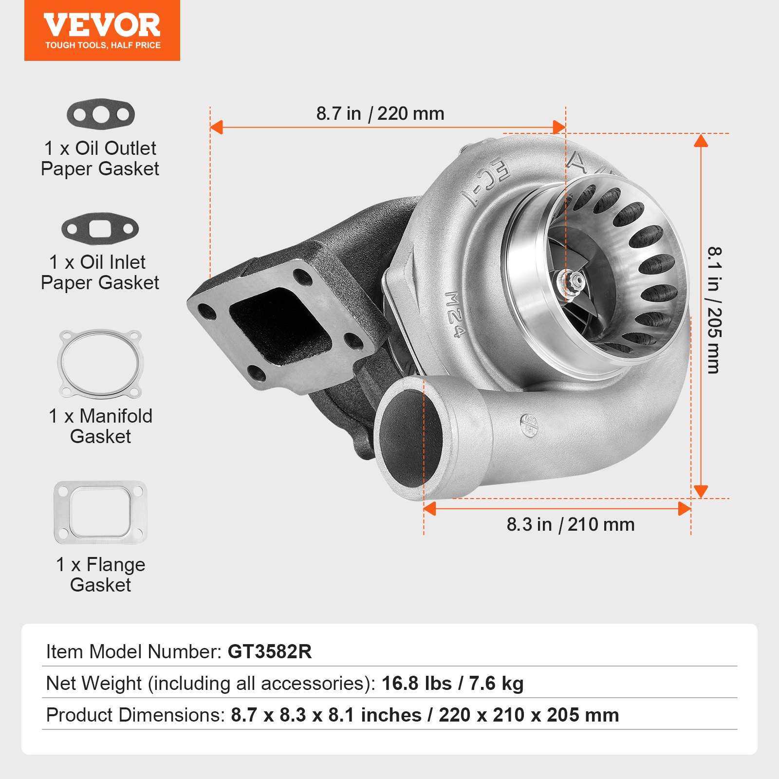 Turbosprężarka VEVOR z zestawem uszczelek, zamiennik turbosprężarki do silników samochodowych, kompatybilny z silnikami o pojemności 2,5 l – 6 l, turbosprężarka silnika odporna na ciepło z wirnikiem ze stopu K418
