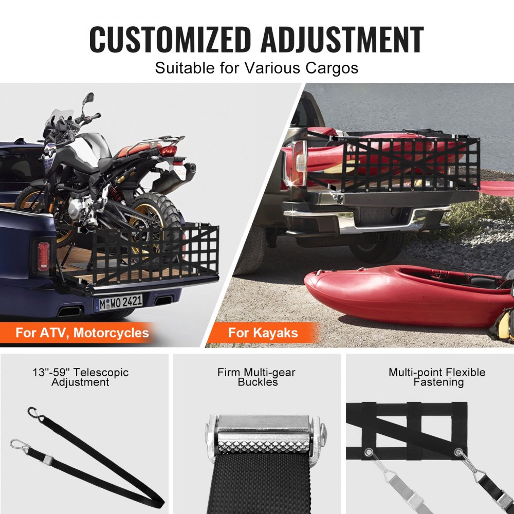 Siatka na tylną klapę VEVOR, 137 x 46 cm, siatka na skrzynię ładunkową z 4 regulowanymi teleskopowymi paskami, wzmocniona krzyżowo konstrukcja, rozciągliwa i trwała, odpowiednia do samochodów ciężarowych, pickupów, przyczep, jeepów i SUV-ów