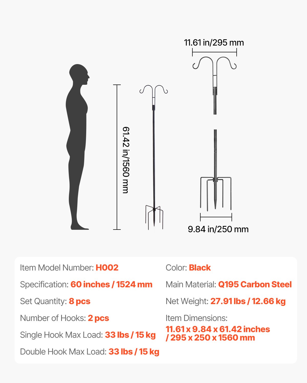 Haki pasterskie VEVOR 8 szt., haki pasterskie 156 cm, podwójny hak ogrodowy do latarni, haki ogrodowe o grubości 1,9 cm do wieszania karmników dla kolibrów, doniczek na rośliny, latarenek solarnych, dzwonków wietrznych