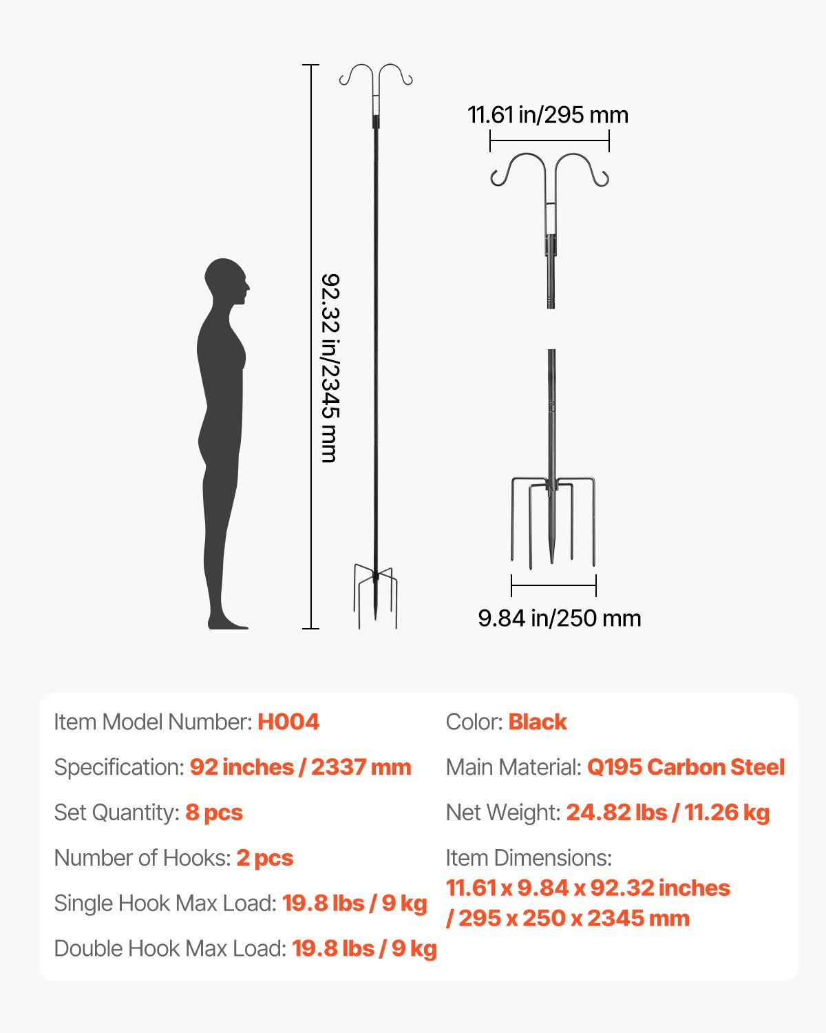 Haki pasterskie VEVOR, 8 szt., haki pasterskie 2345 mm, podwójny hak ogrodowy do latarni, haki ogrodowe o grubości 1,9 cm do wieszania karmników dla kolibrów, doniczek na rośliny, latarenek solarnych, dzwonków wietrznych