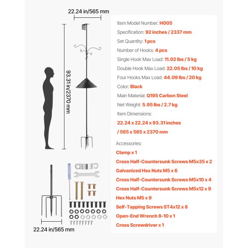 VEVOR Karmnik dla ptaków, drążek, 4 haki, zestaw do wieszania karmy dla dzikich ptaków, 2,3 m